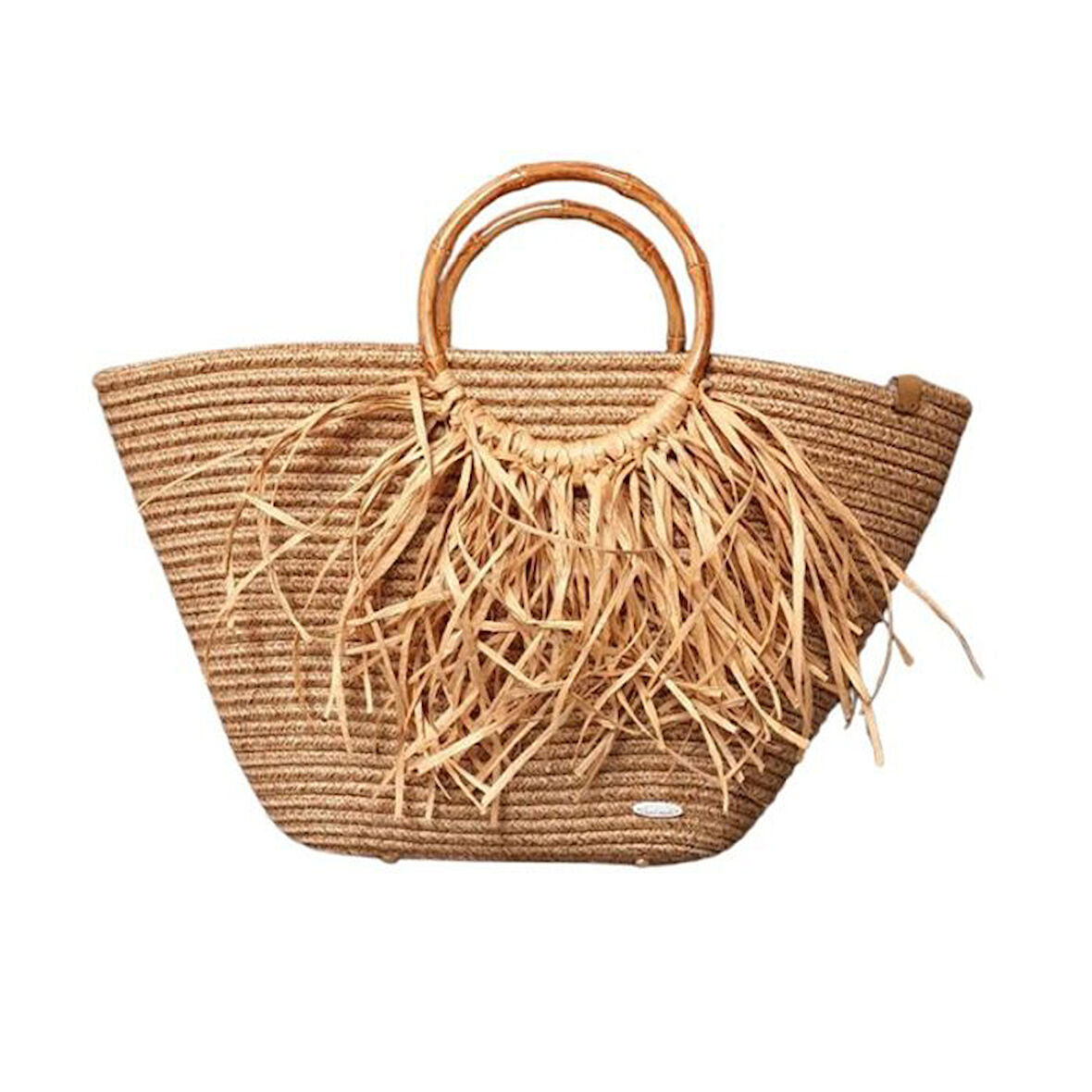 Uretti - Ayşe 4723 0939 El Yapımı Jüt İp Ahşap Saplı ve Püsküllü Hasır Görünümlü Çanta - Kahverengi