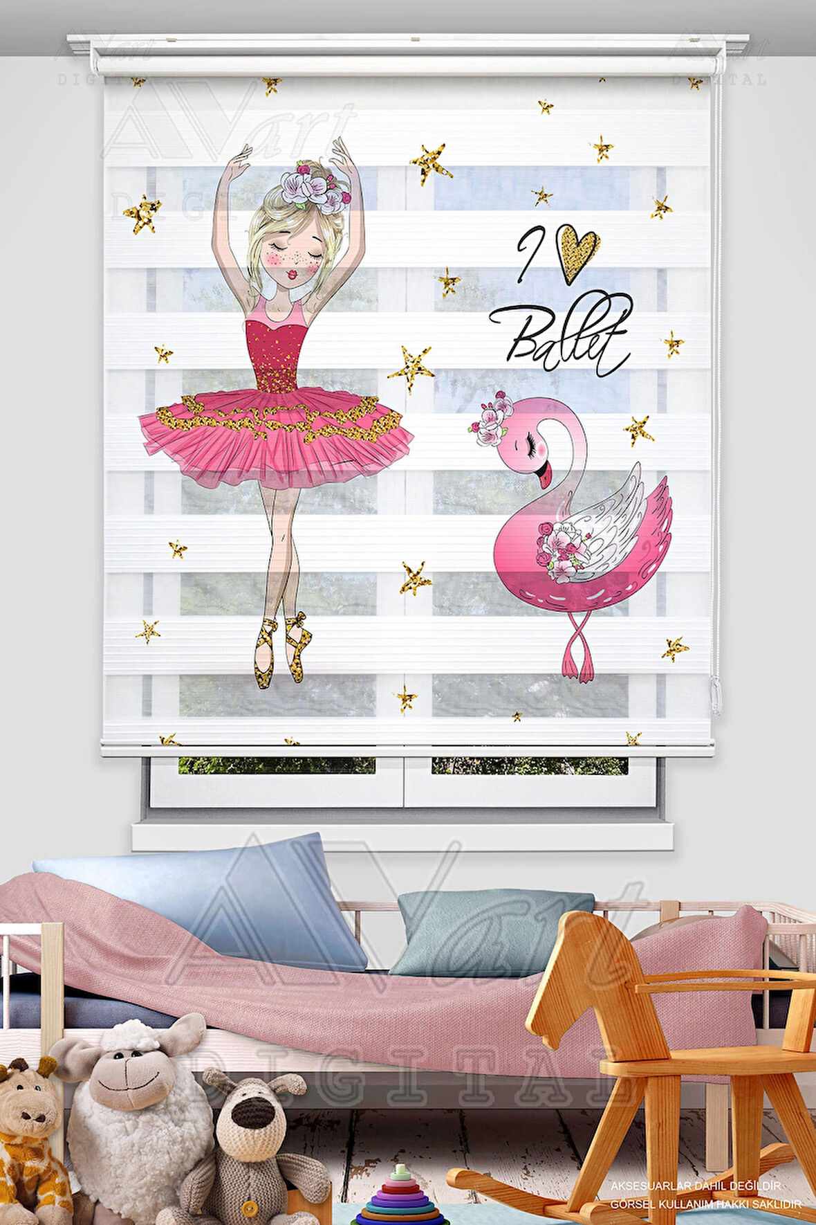 Balerin Ve Kuğu Baskılı Çocuk Odası Perdesi - Dijital Baskılı Zebra Stor Perde