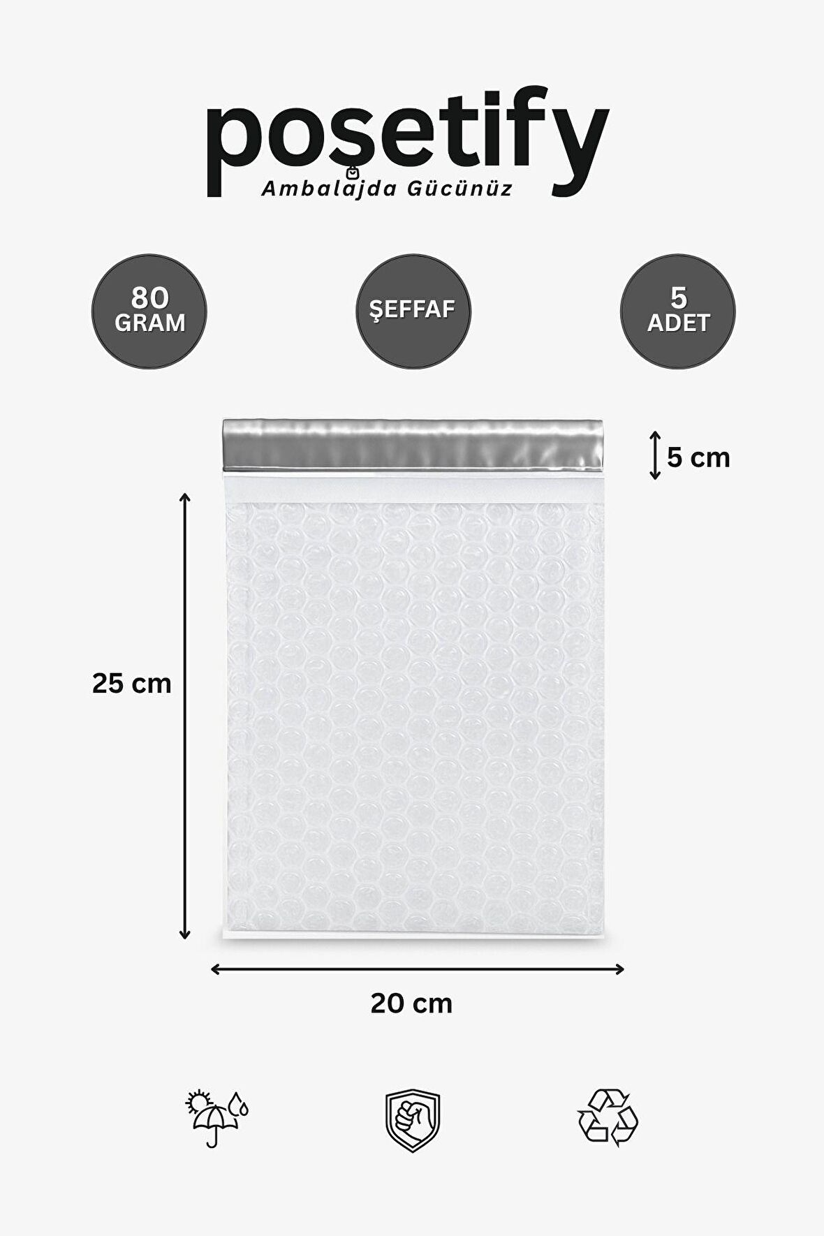 Balonlu Şeffaf Kargo Poşeti 15X20+5 cm | 80 gr Bantlı Patpatlı Kargo Poşeti | 5’li E-Ticaret Poşeti