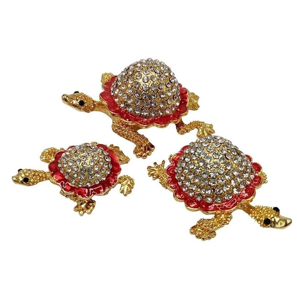 Swarovski Taşlı Kırmızı Kaplumbağa Mücevher Kutusu Üçlü Set