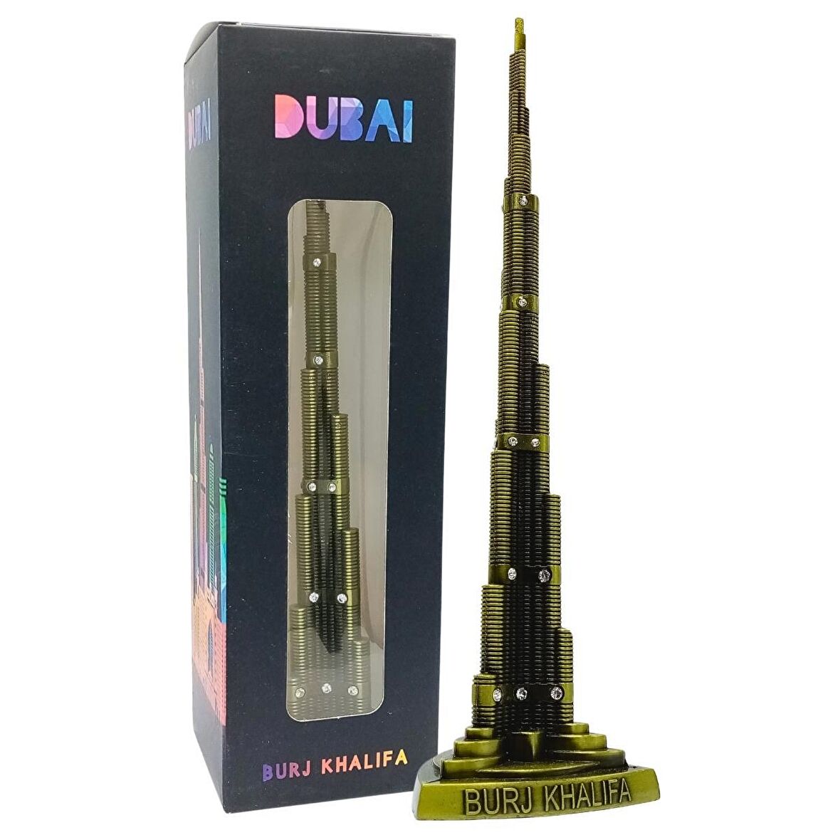 Vintage Metal Taşlı Burj Khalifa Biblo Antik Bronz 25 cm Burç Halife