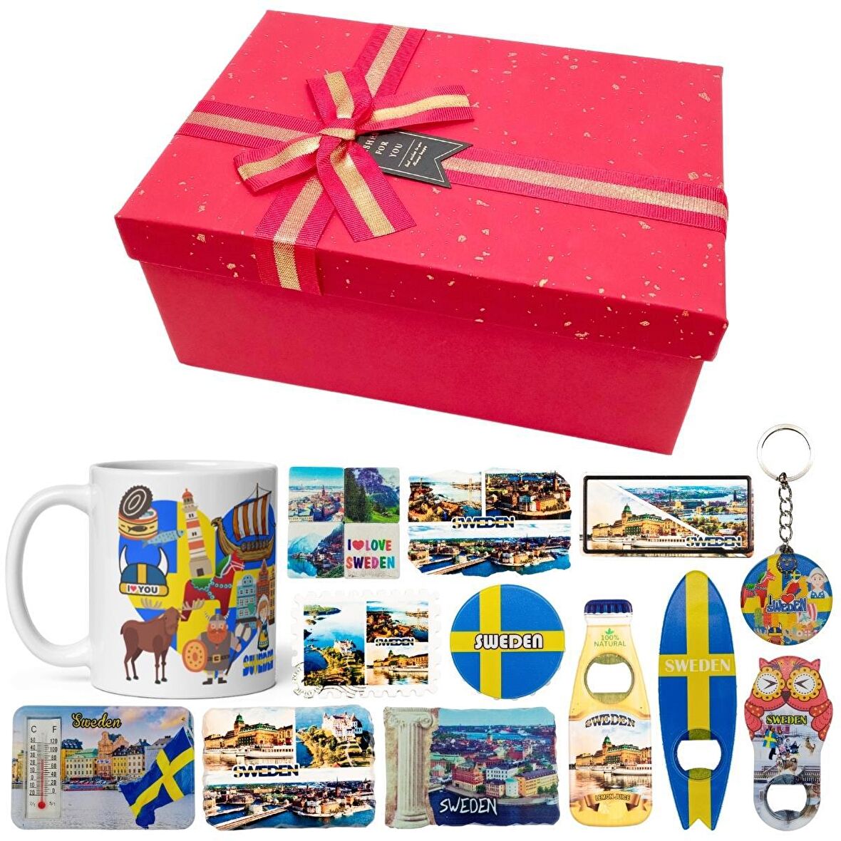 İsveç Hediye Kutusu 10 Parça Kupa Magnet Anahtarlık Kutu