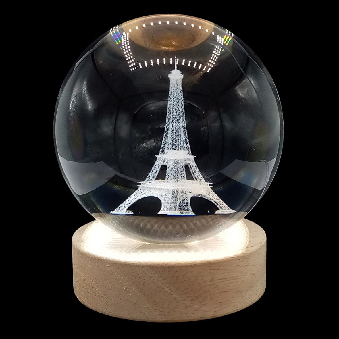 Eyfel Kristal Cam Küre 8cm Led Işıklı Usb Kablolu Ahşap Stantlı Gece Lambası