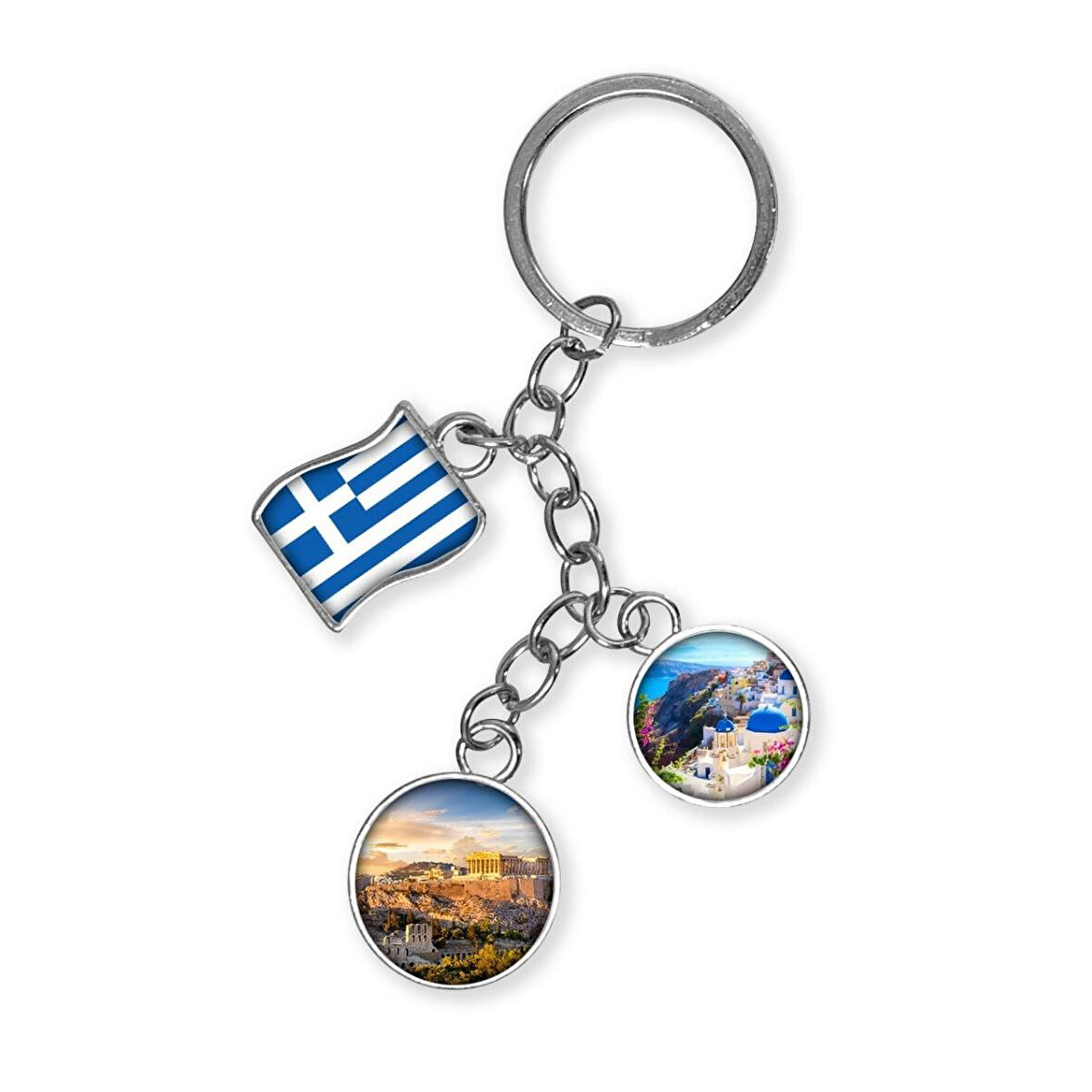 Yunanistan Üçlü Epoksi Metal Çift Taraflı Damla Anahtarlık Greece