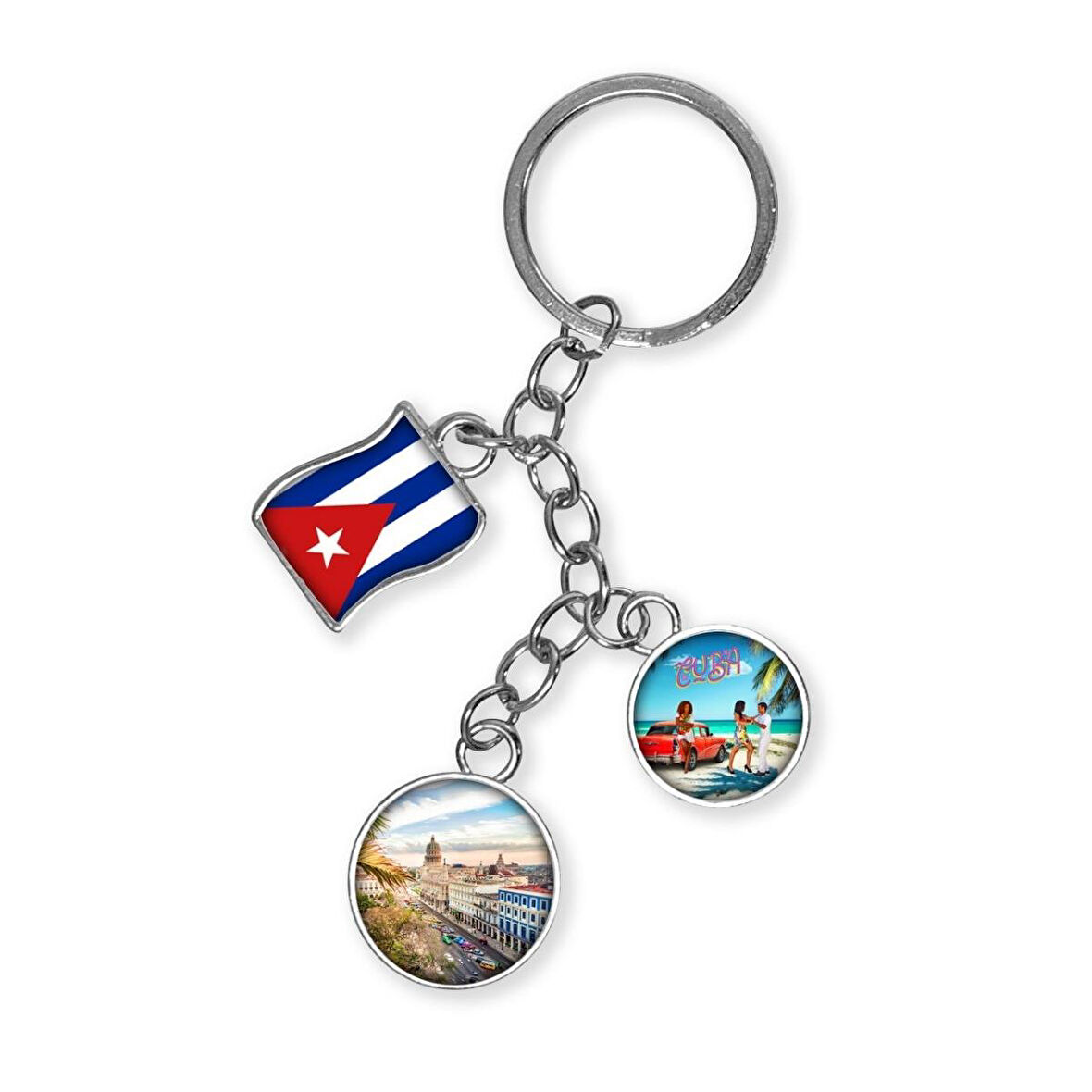 Küba Üçlü Epoksi Metal Çift Taraflı Damla Anahtarlık Cuba