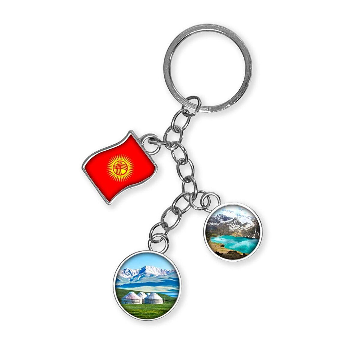 Kırgızistan Üçlü Epoksi Metal Çift Taraflı Damla Anahtarlık Kyrgyzstan