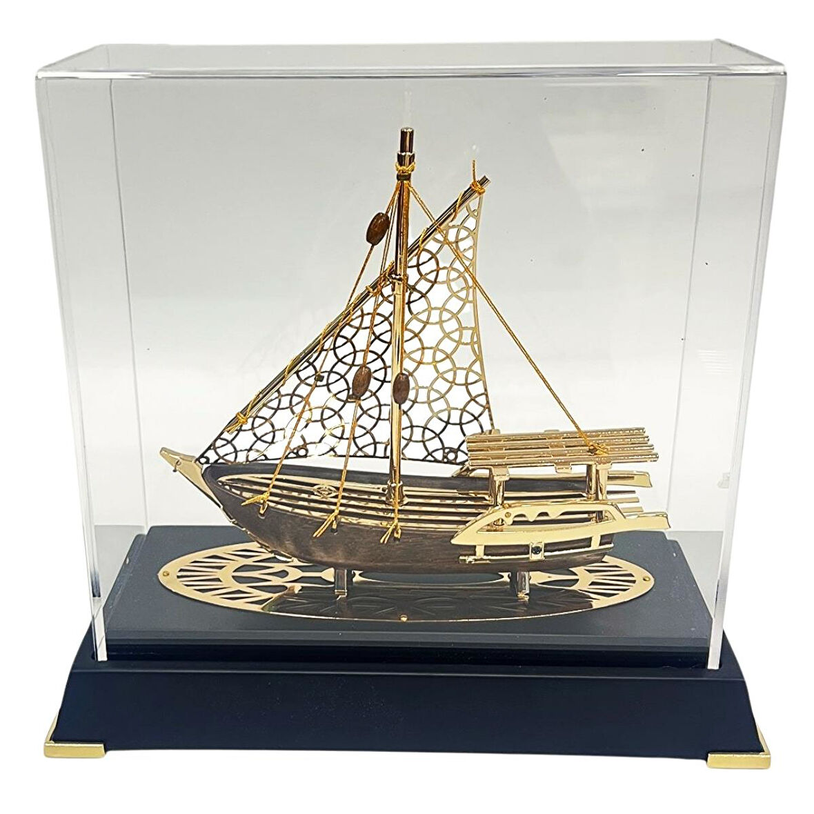 Pirinç Yelkenli Gemi Altın Kaplama Katar Dhow Teknesi Deri Kutulu 23cm No.2