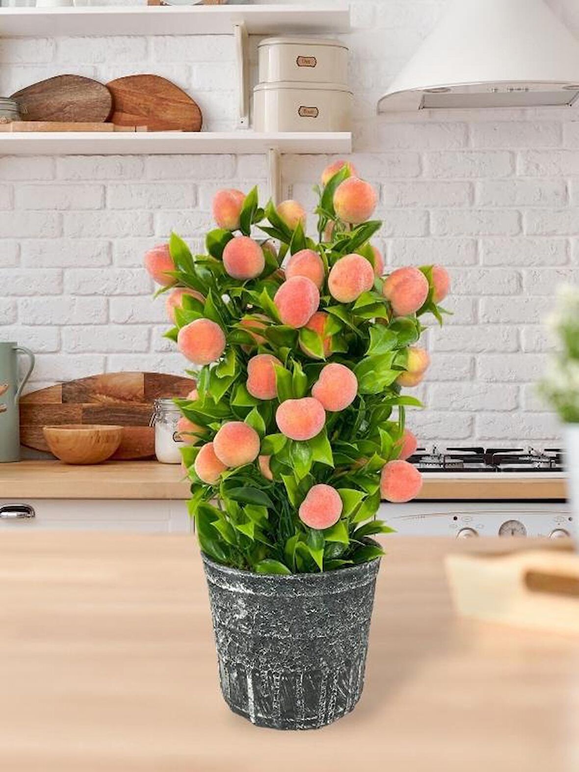 Yapay Çiçek Gri Seramik Saksıda Şeftali Ağacı