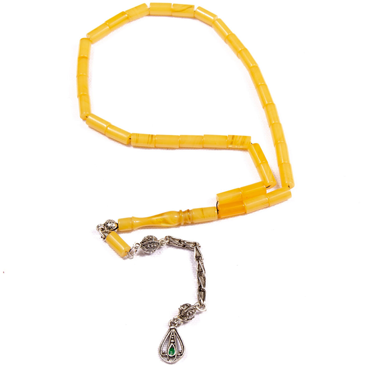 Kesme Kesim 10x6 mm  Sıkma Kehribar 34 Cm Alpaka Püsküllü Tesbih 