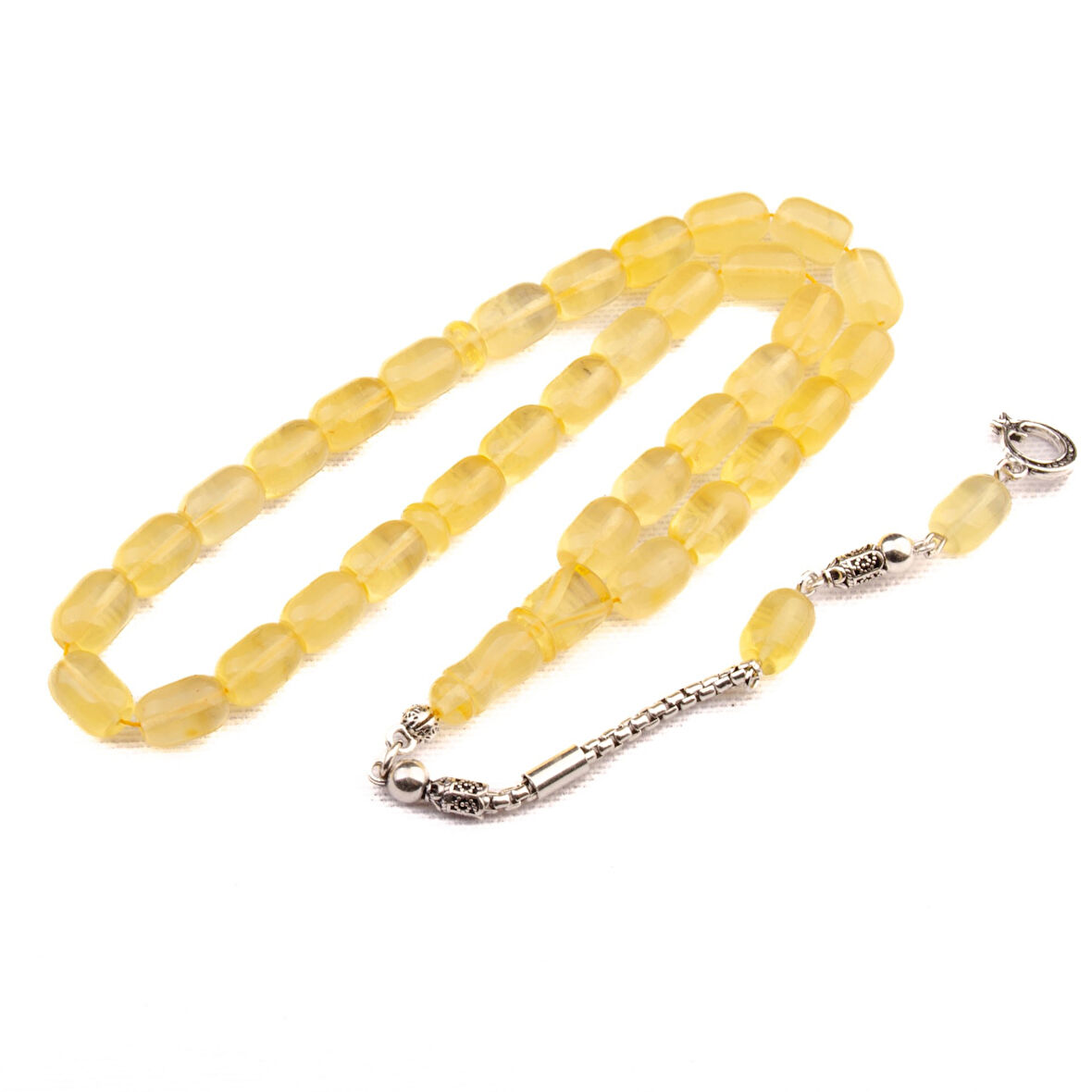 Kapsül Kesim 10X7 mm Damla Kehribar Gümüş Püsküllü Tesbih 19,40 GRAM