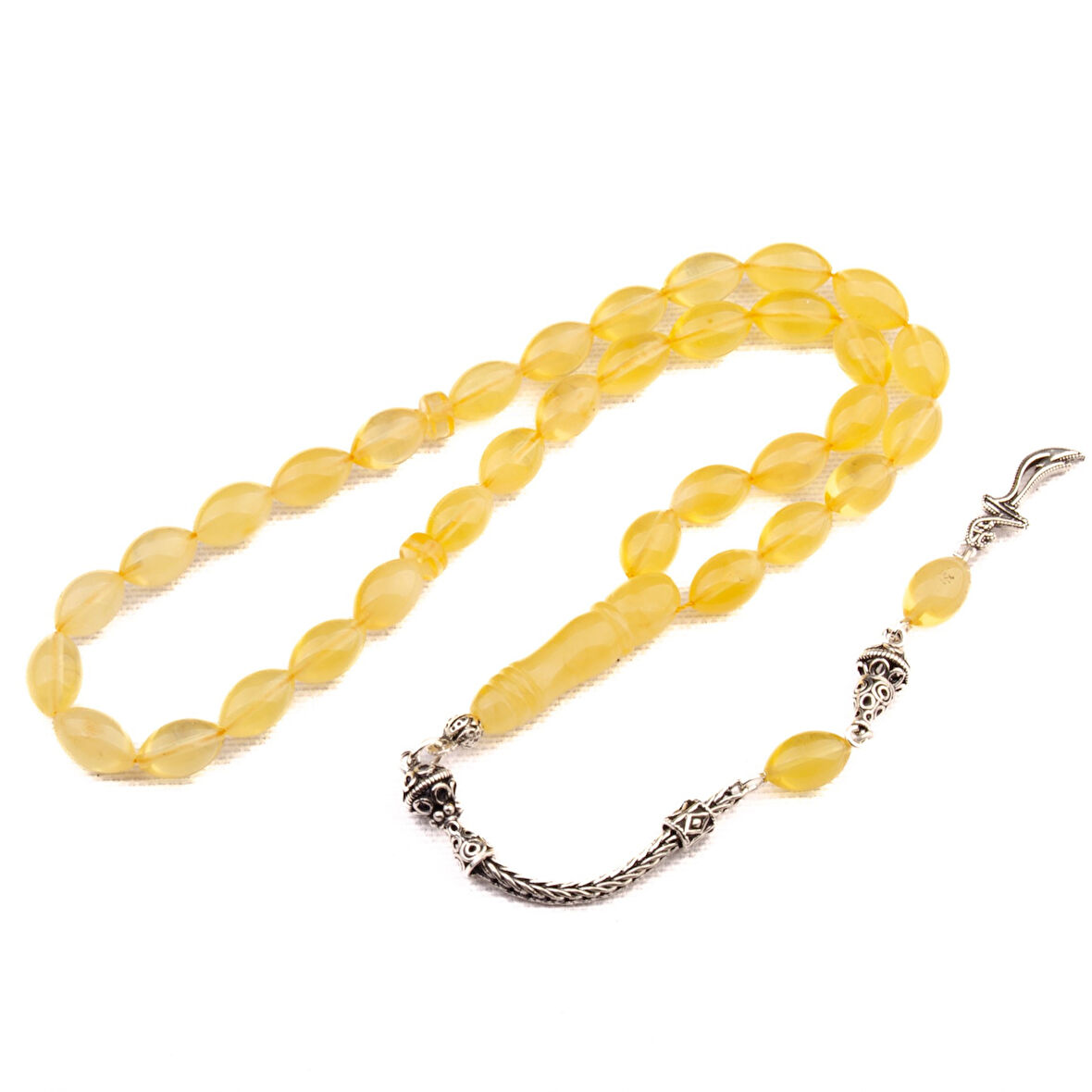 Arpa Kesim 11x7 mm Damla Kehribar Gümüş Püsküllü Tesbih 15,90 GRAM