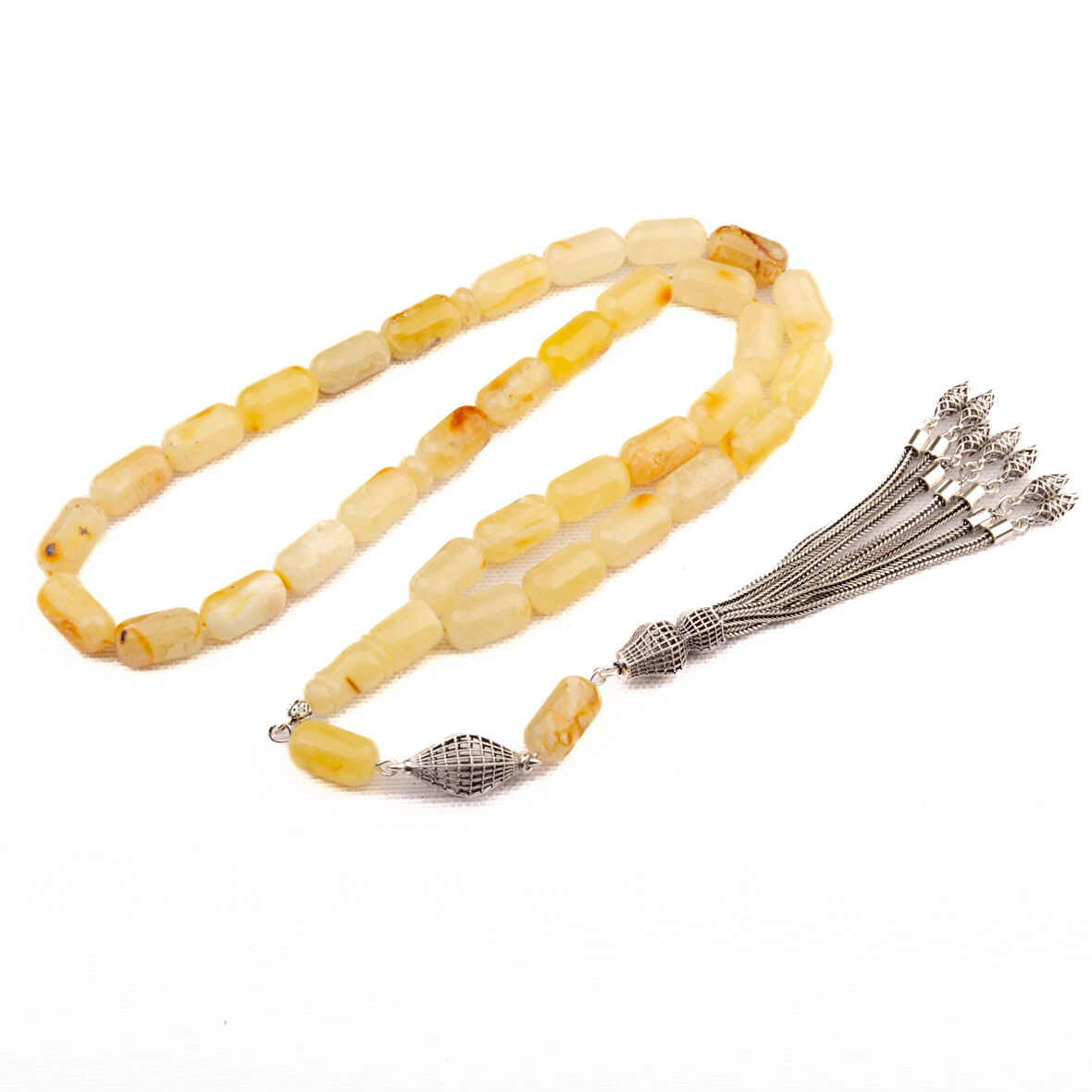 Kapsül Kesim 14x8 mm Damla Kehribar Gümüş Püsküllü Tesbih 34,70 GRAM