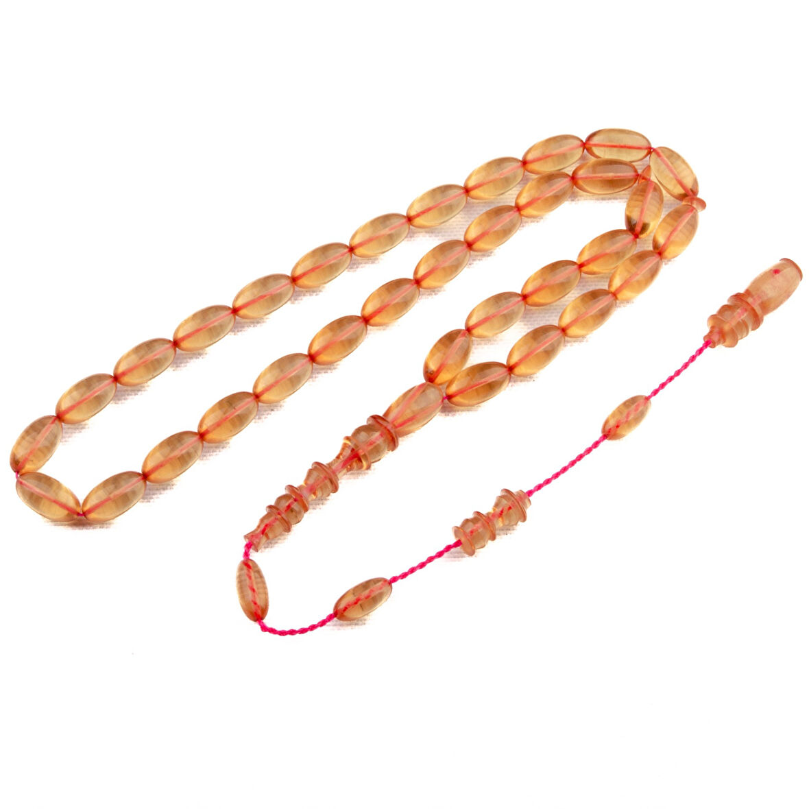 Şeffaf Beyzi Kesim 12x7 mm Ateş Kehribar Sistem Püsküllü Tesbih 