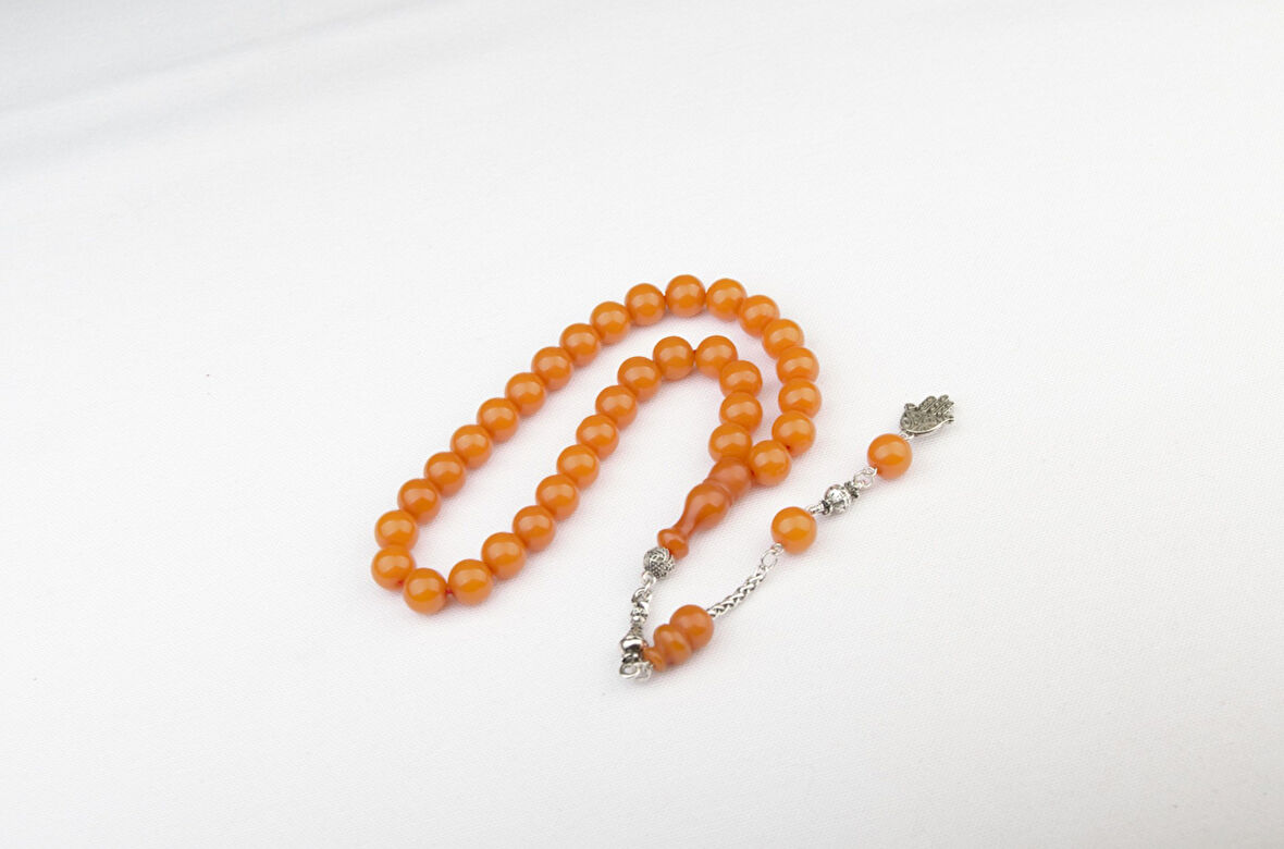 Küre Kesim 10x10 mm Sıkma Kehribar Alpaka Püsküllü Tesbih 