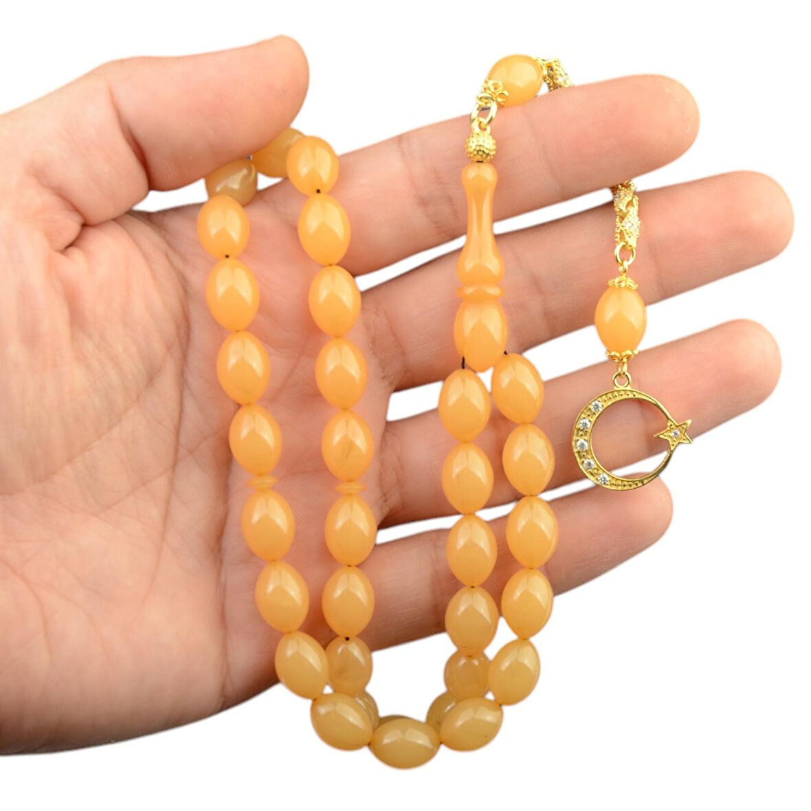 Özel Seri Arpa Kesim Gümüş Püsküllü 12x9 mm Sıkma Kehribar Tesbih 