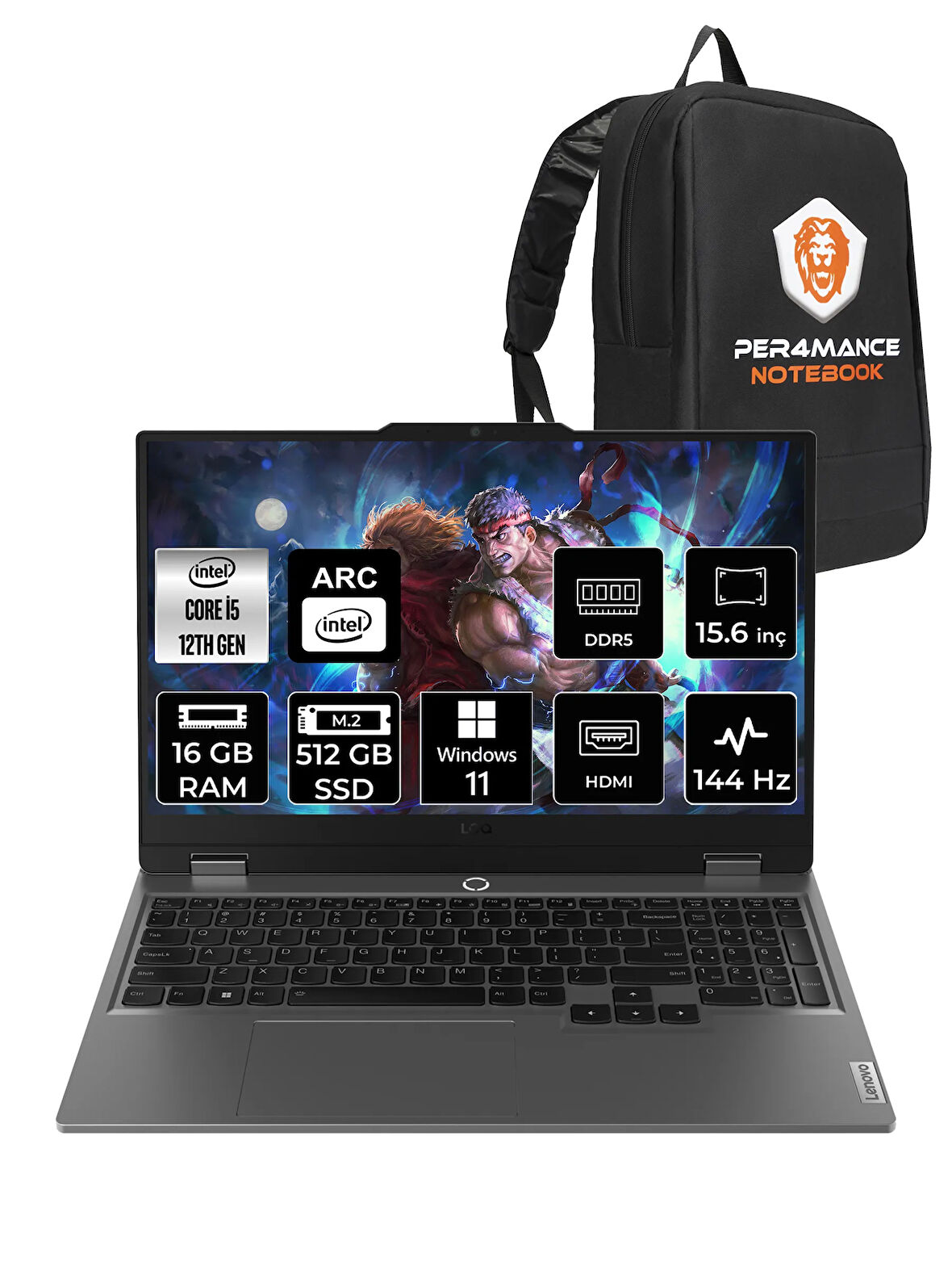 Lenovo LOQ  i5-12450HX 16GB 512GB SSD A530M/4GB 15.6" FHD 144Hz W11P 83FQ000UTR & PER4 ÇANTA