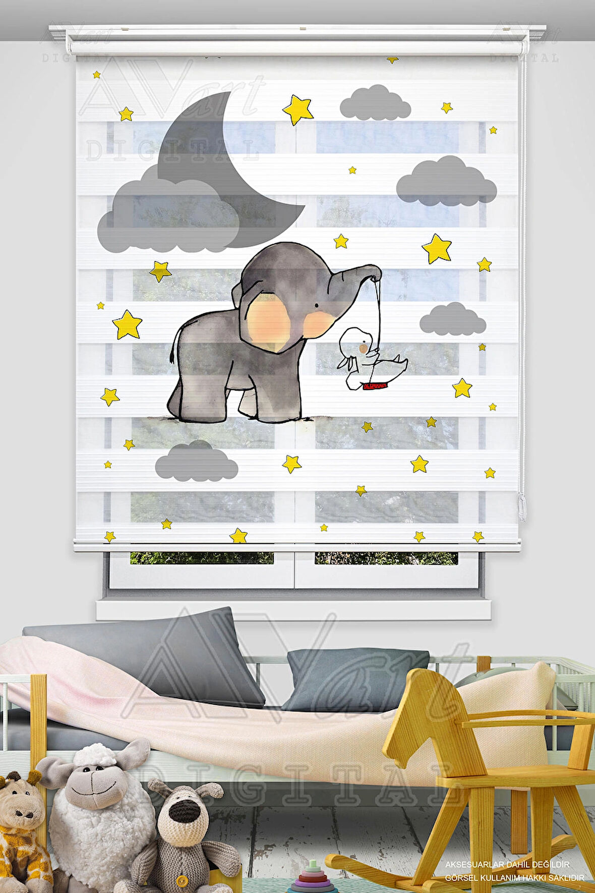 Sevimli Fil Ve Tavşan Baskılı Çocuk Odası Perdesi - Dijital Baskılı Zebra Stor Perde