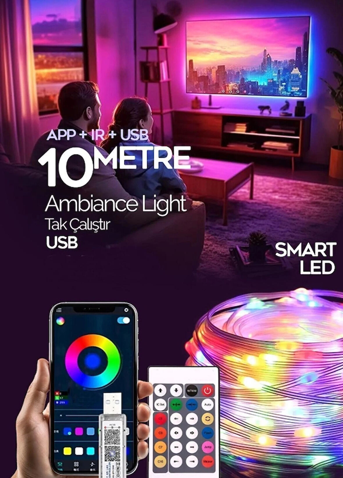 10 Metre Rgb Led Sese ve Müziğe Duyarlı Bluetooth Özellikli Tak Çalıştır Set