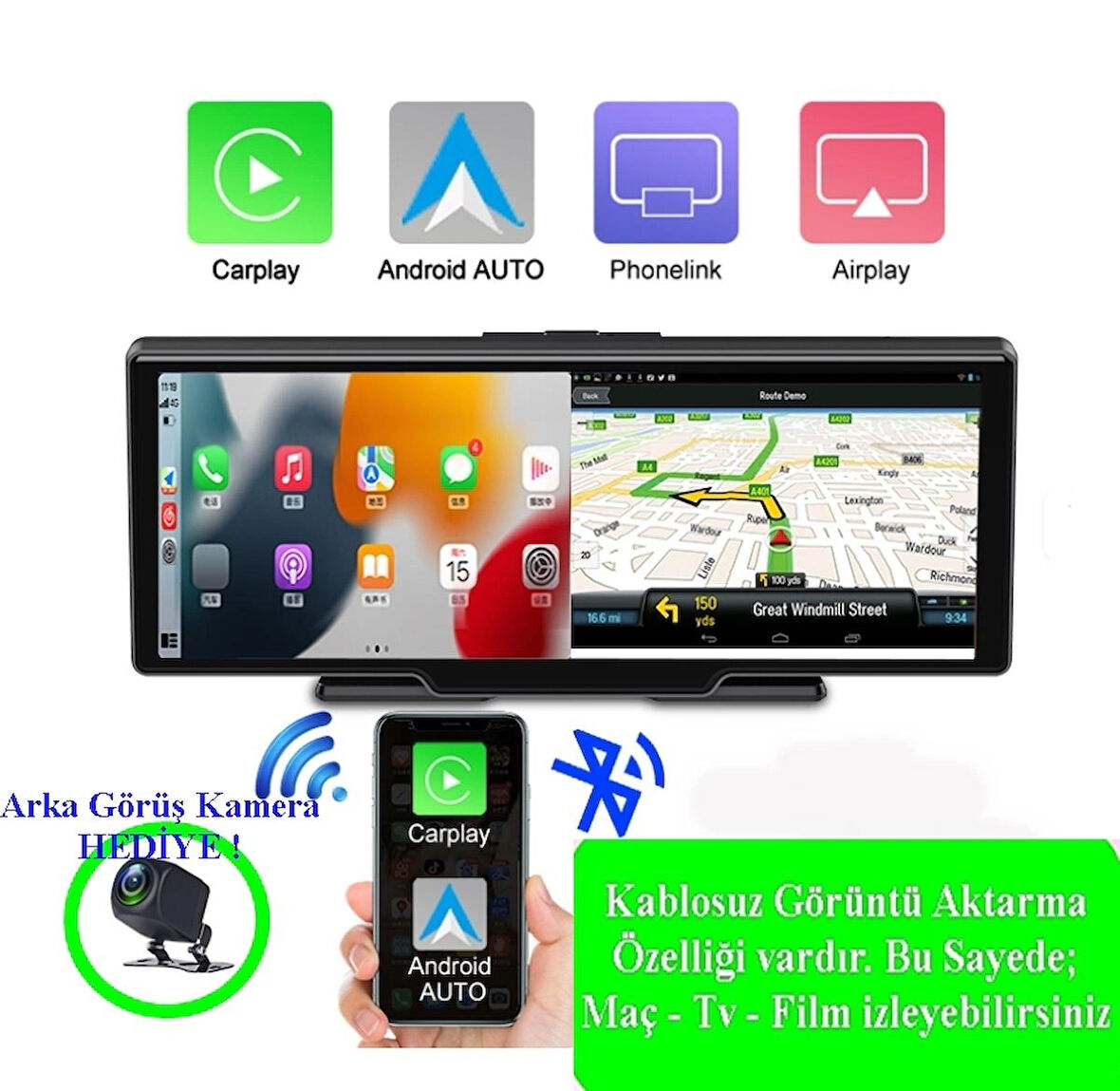 H18C Ekranlı Carplay Apple Android Uyumlu 10.26 inç 4K Görüntü Arka/Ön Görüş Kameralı Android Oto