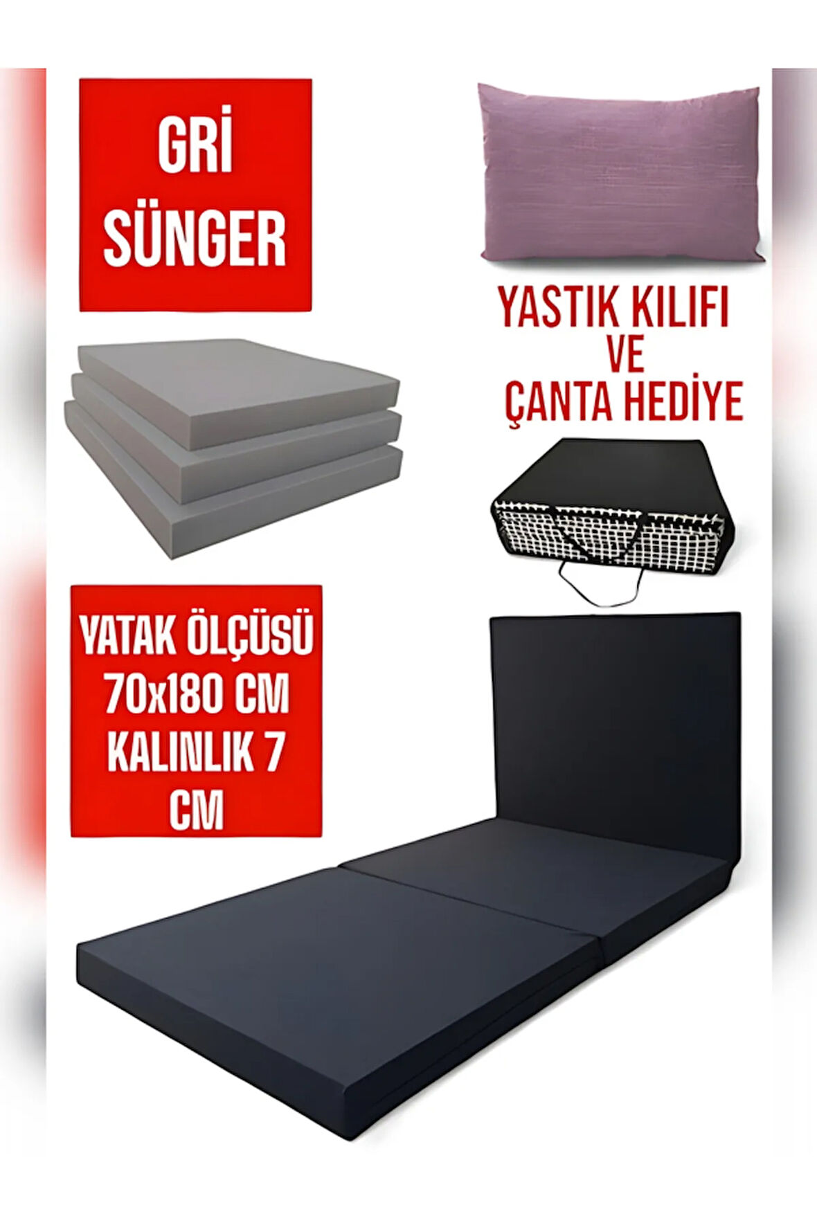 Katlanır Yer Yatağı-sünger Yatak-minder Yatak-(70X180CM KALINLIK 7CM)-antrasit Keten