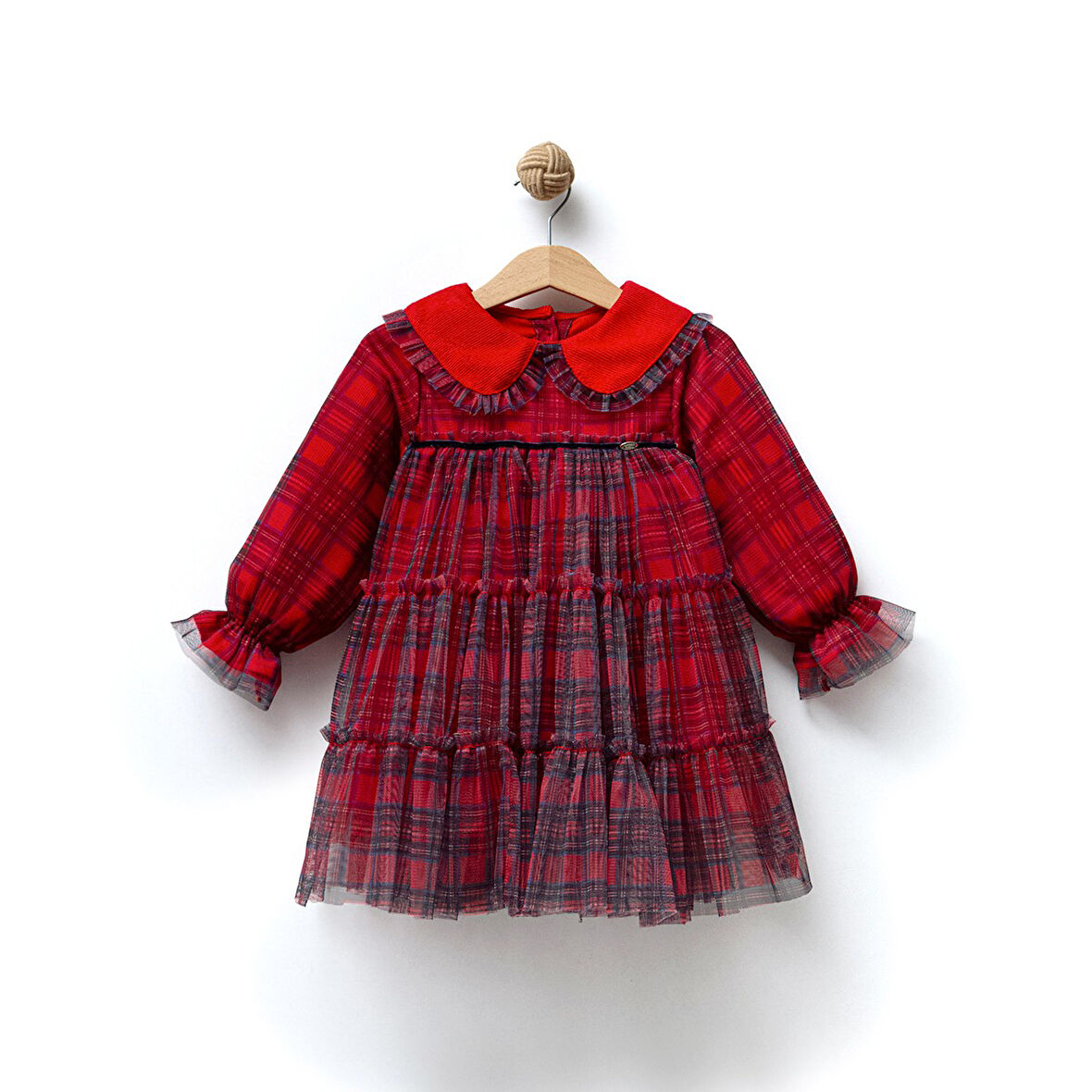 Kız Çocuk Uzun Kol Kadife Yaka Kırmızı Tüllü Elbise