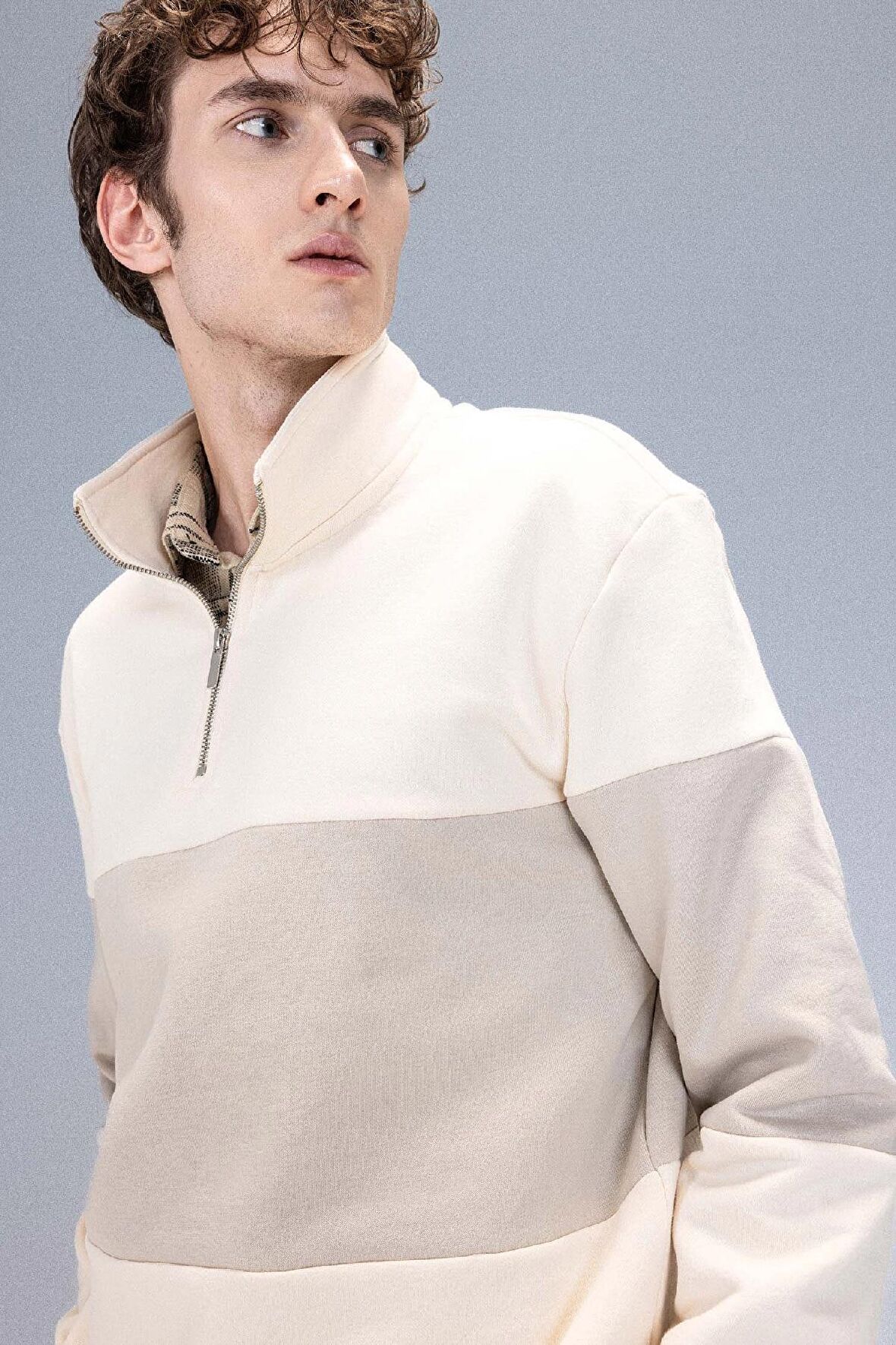 DeFacto Comfort Regular Fit Rahat Kalıp Dik Yaka Fermuarlı Çizgili Kalın Sweatshirt D2401AX24AUER42