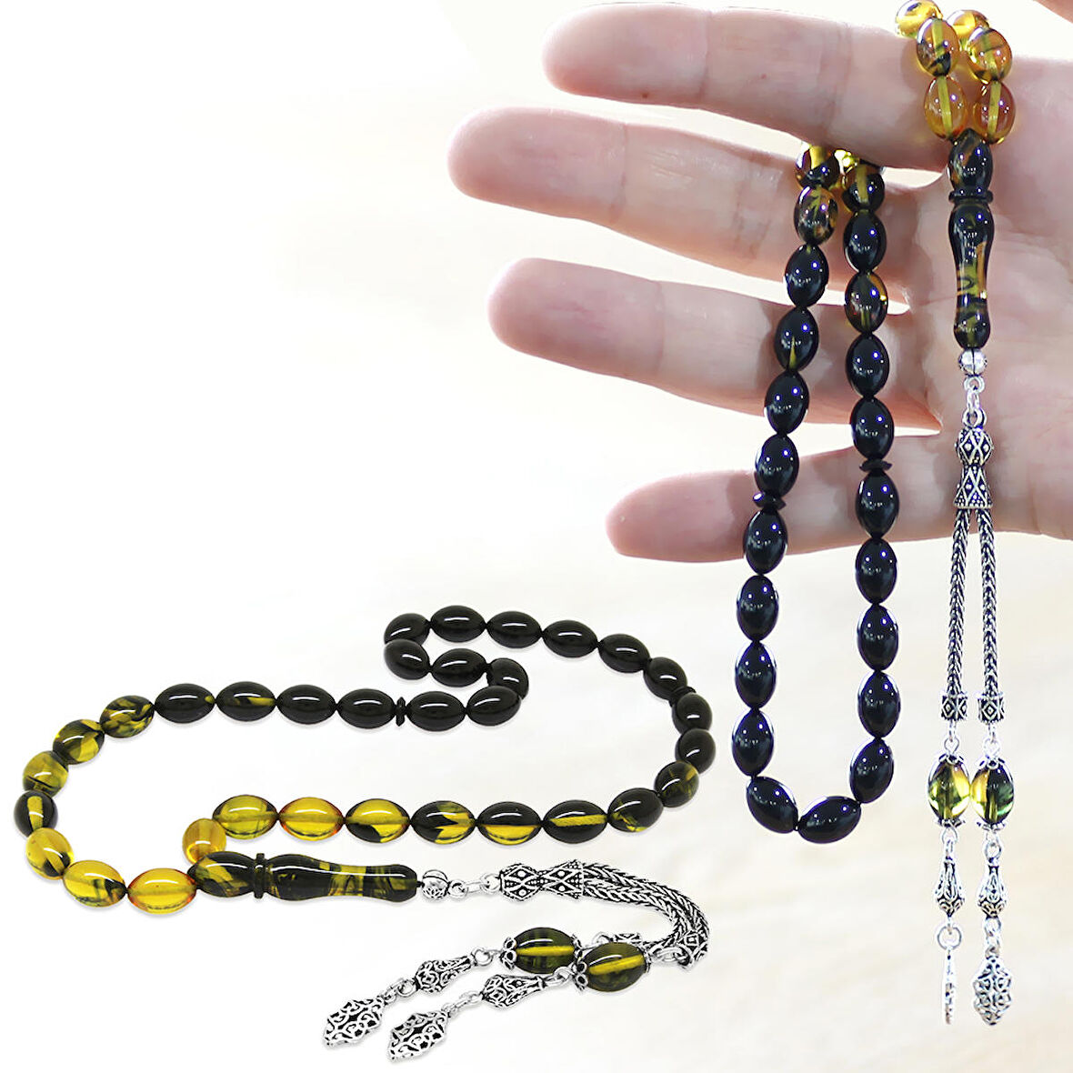 925 Ayar Gümüş Çift Püsküllü Arpa Kesim Süzme Sarı-Siyah Ateş Kehribar Tesbih