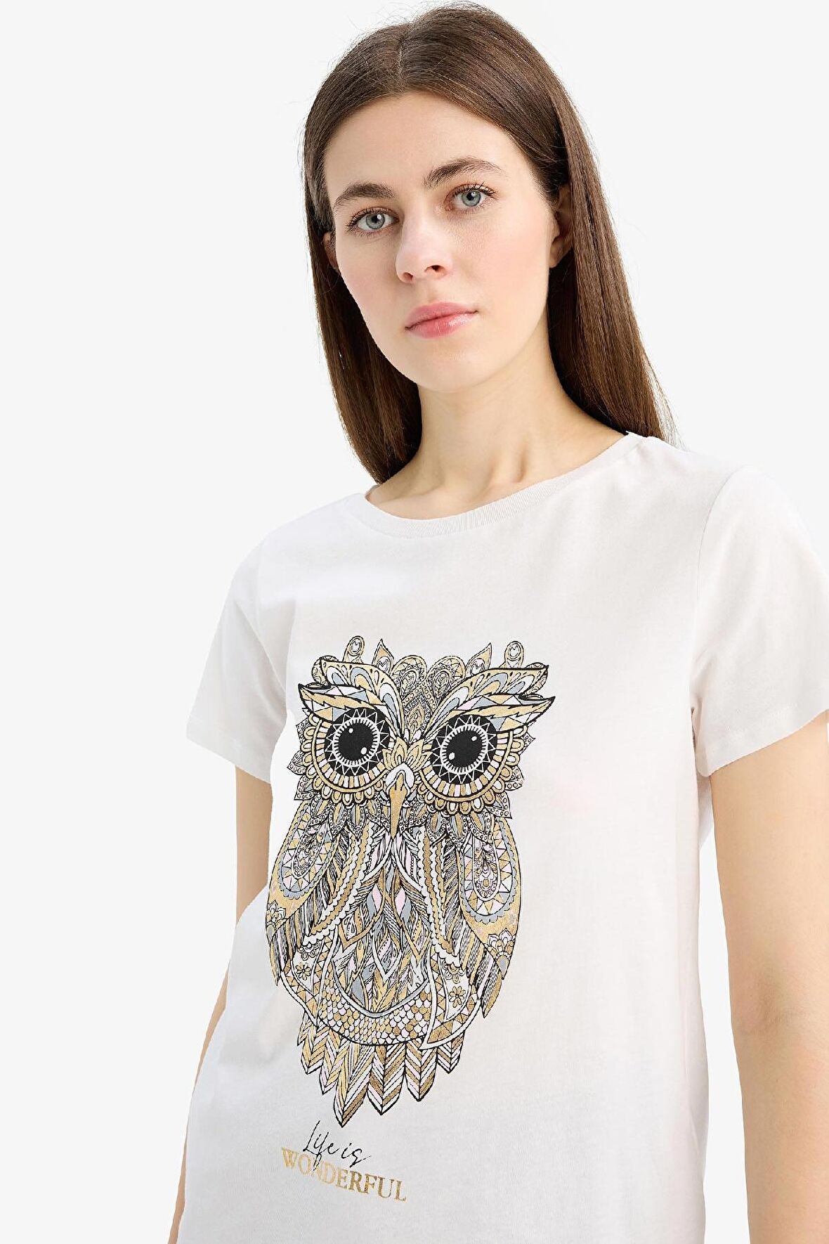 Regular Fit Bisiklet Yaka Baykuş Desenli Penye Kısa Kollu Tişört