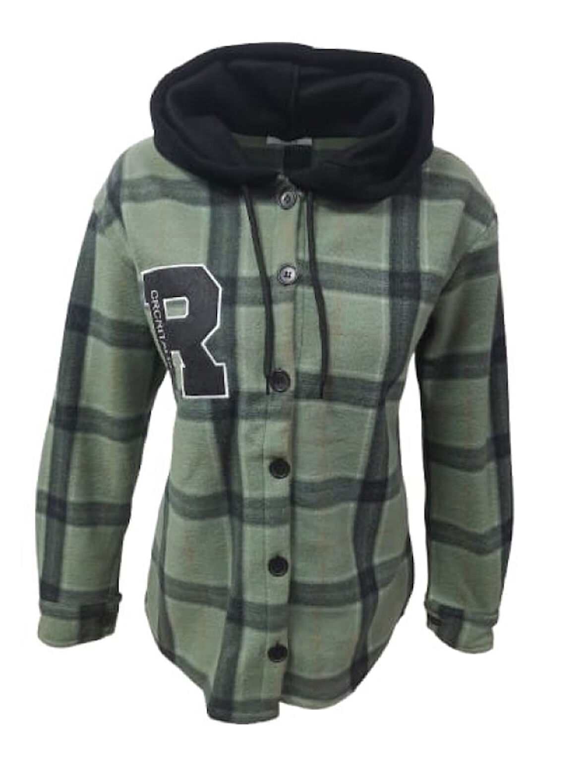 Viya V01219 Kadın Polar Kareli Düğmeli Kapüşonlu Sweatshirt