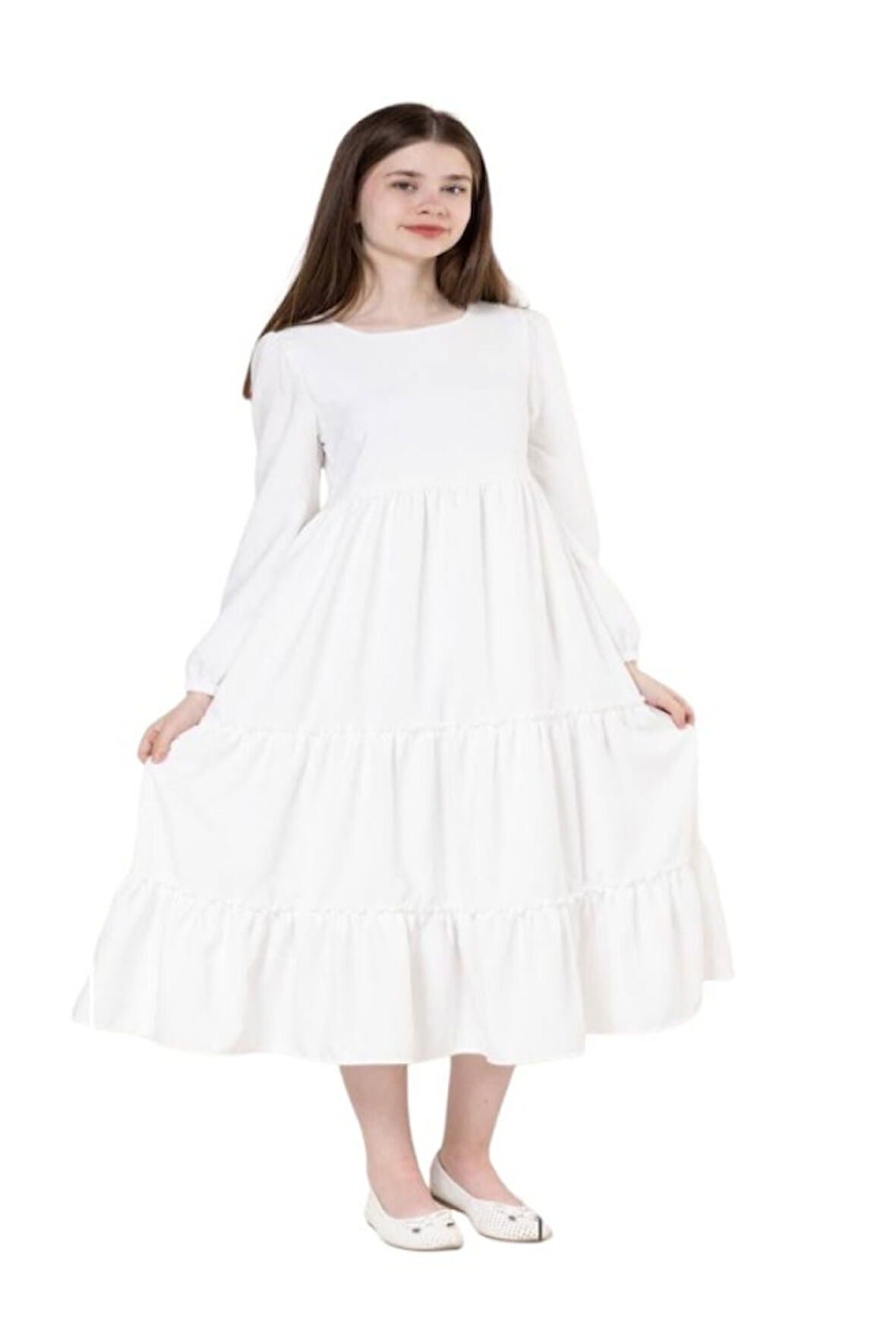 Gülücük Kids G01641-428 Kız Çocuk Kesme Keten Desenli Elbise - Gülücük - Beyaz - ST01641-Beyaz-12 YAŞ