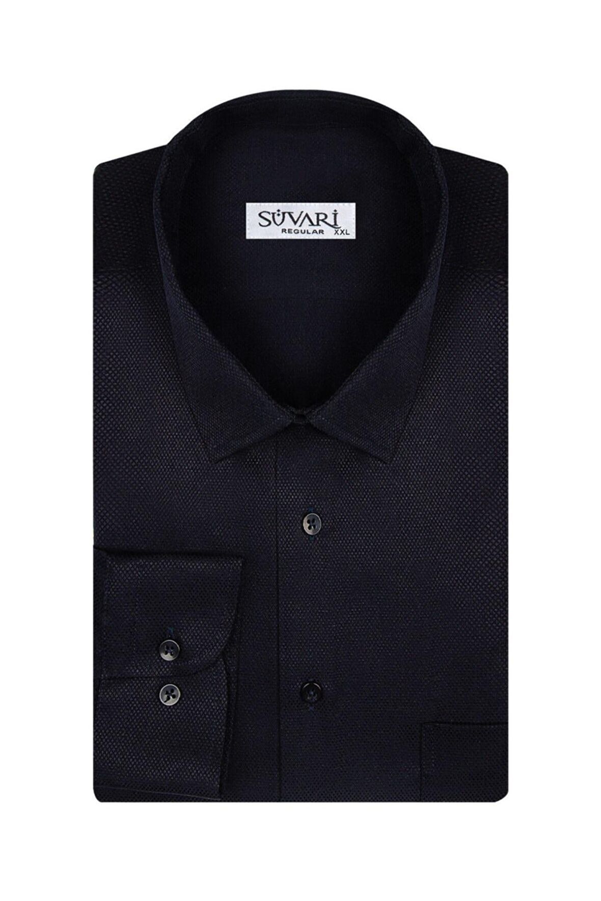 Süvari Rahat Kalıp Armür Desenli Cepli Siyah Erkek Gömlek