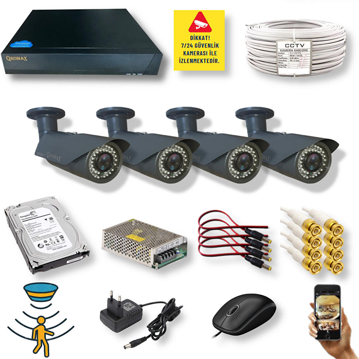 Qromax 2042 5 Megapiksel Full HD 1920x1080 Bullet Güvenlik Kamerası Seti 4'lü