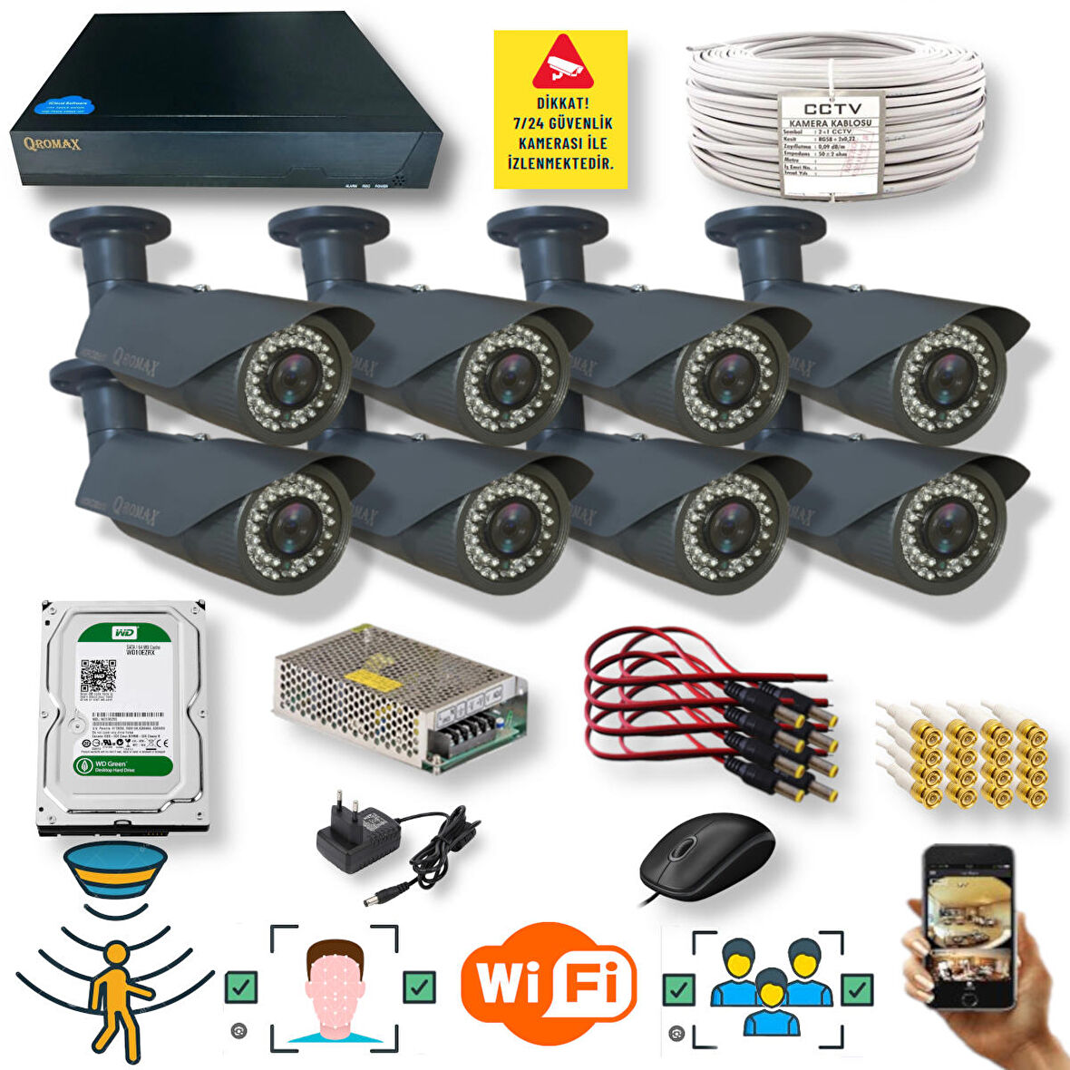 Qromax 2042 5 Megapiksel Full HD 1920x1080 Bullet Güvenlik Kamerası Seti 8'li