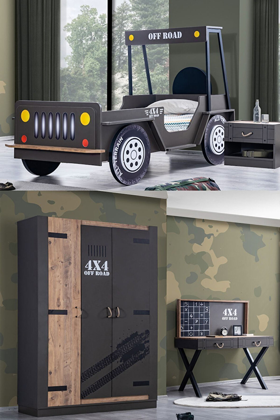 Çocuk Odası - Offroad Plus 3 Kapılı Dolap, Jeep Karyola, Komodin, Masa