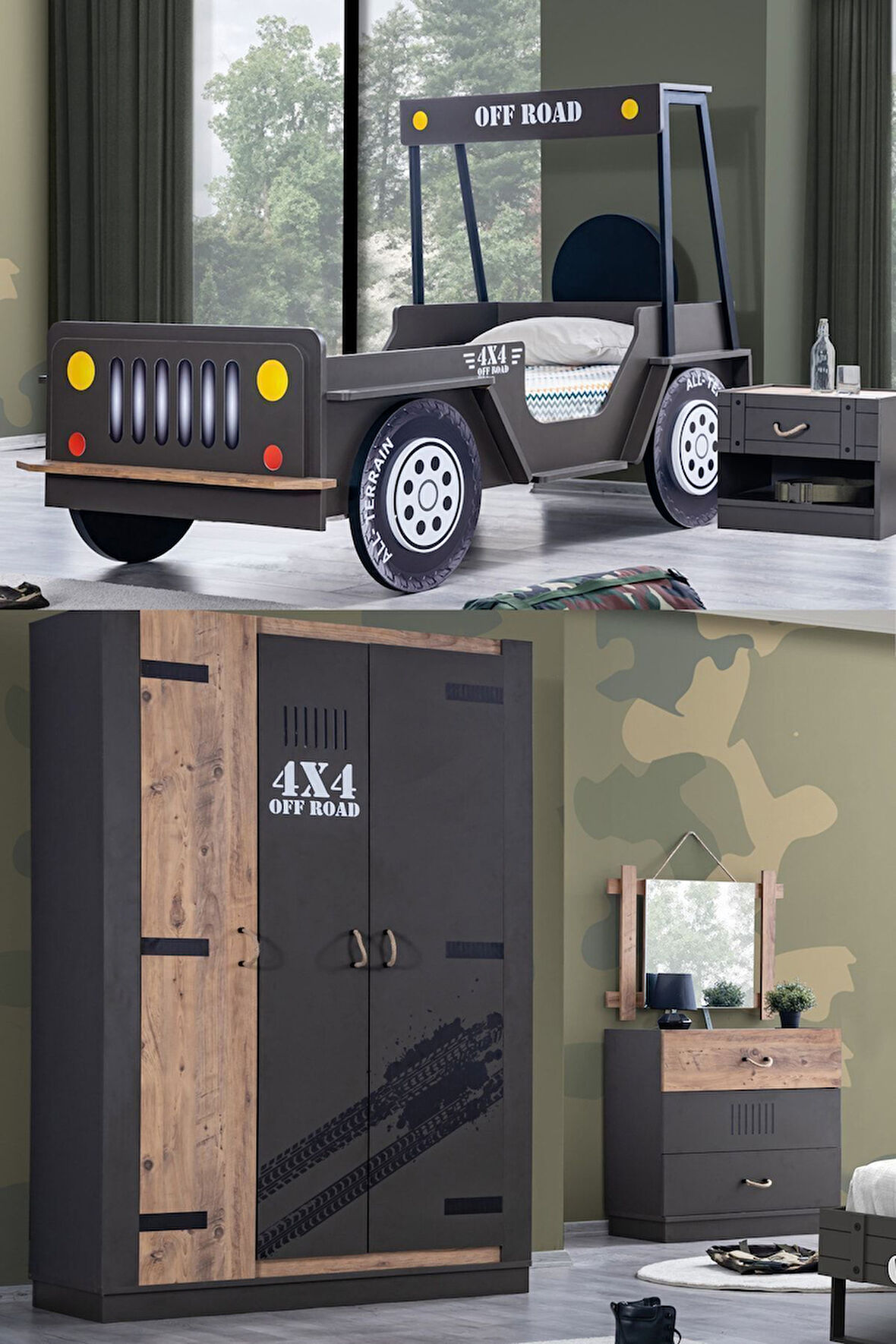 Çocuk Odası - Offroad Plus 3 Kapılı Dolap, Jeep Karyola, Komodin Şifonyer