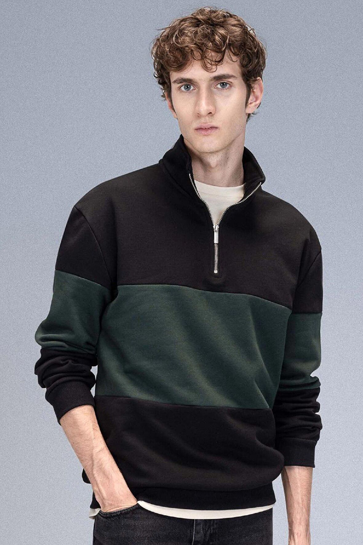 DeFacto Comfort Regular Fit Rahat Kalıp Dik Yaka Fermuarlı Çizgili Kalın Sweatshirt D2401AX24AUBK34