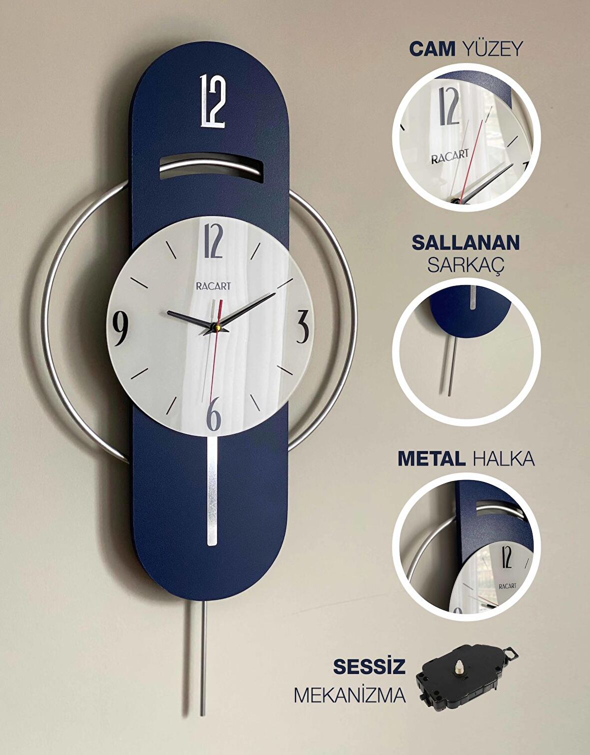 Dekoratif Duvar Saati, Sessiz Mekanizma, Hareketli Sarkaçlı, Metal Halka, Cam Gösterge