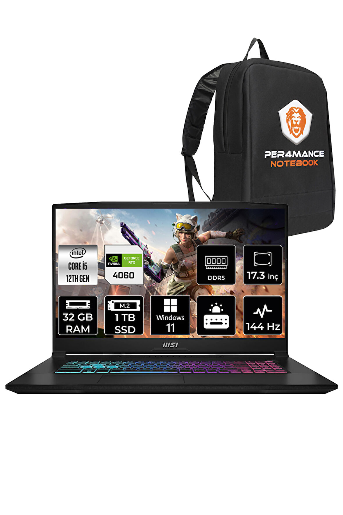 MSI Katana 17 B12VFK31 i5 12450H 32GB 1TB SSD RTX4060/8GB 105W 17.3" FHD 144Hz W11H  & PER4 ÇANTA