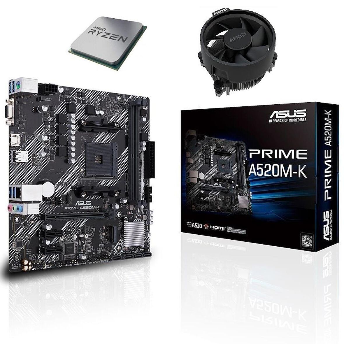 Asus Prime A520M-K DDR4 4600MHz mATX Anakart - AMD Ryzen 5 5500 AM4 İşlemci Tray - AMD Fan Set 