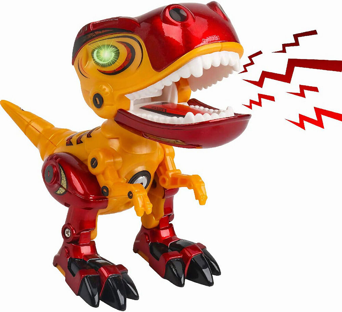Oyuncak Sesli ve Işıklı Hareketli Eklemli Metal Parçalı Ağzı Oynayan T-Rex Dinozor Hayvan Figür Kırmızı