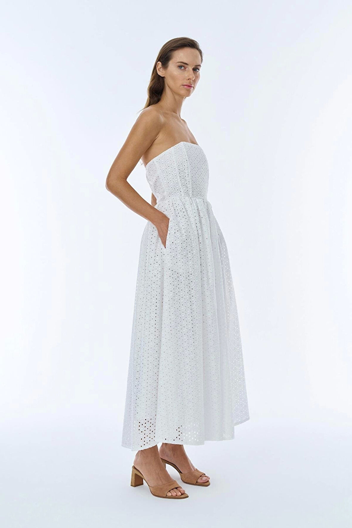 Midi Boy Brode Elbise Ekru