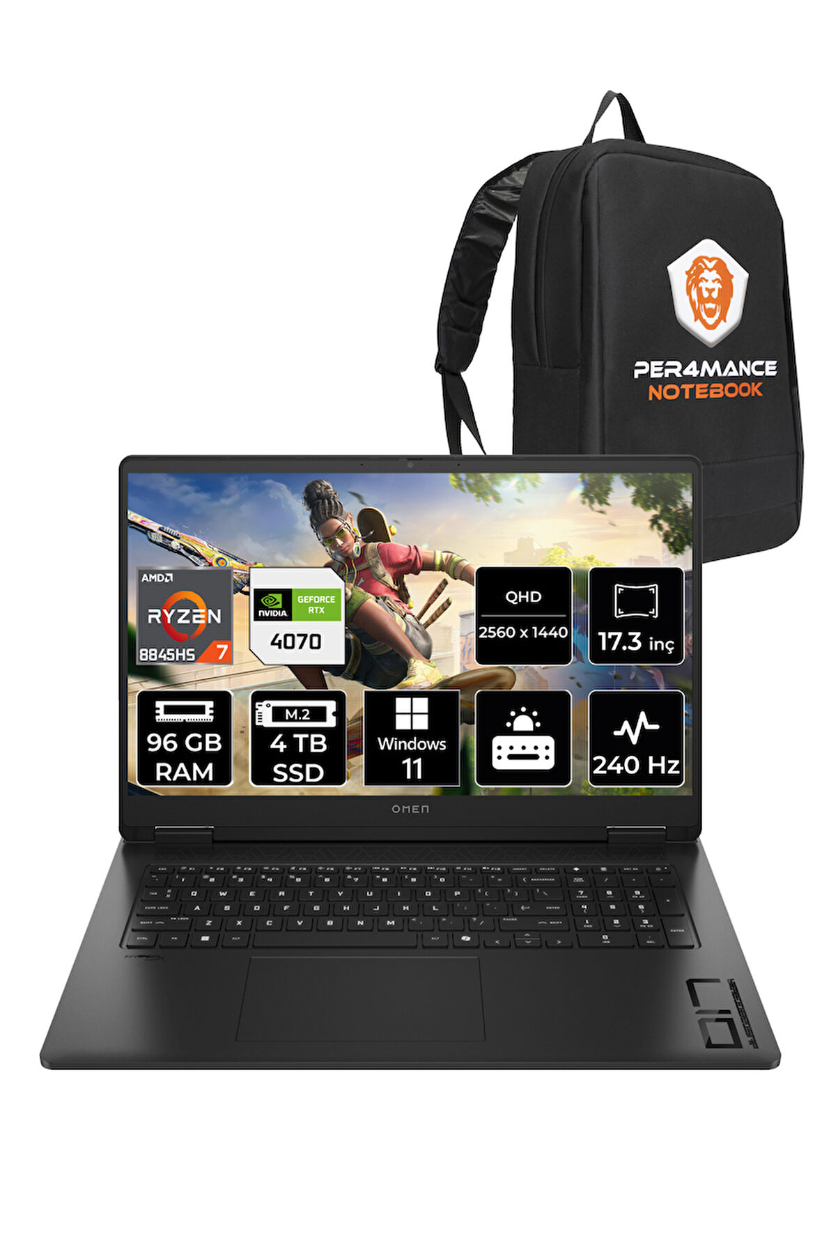 HP OMEN 17 R7 8845HS 96GB RAM 4TB SSD RTX4070/8GB 240Hz 17.3'' QHD W11H Gaming Laptop & PER4 ÇANTA