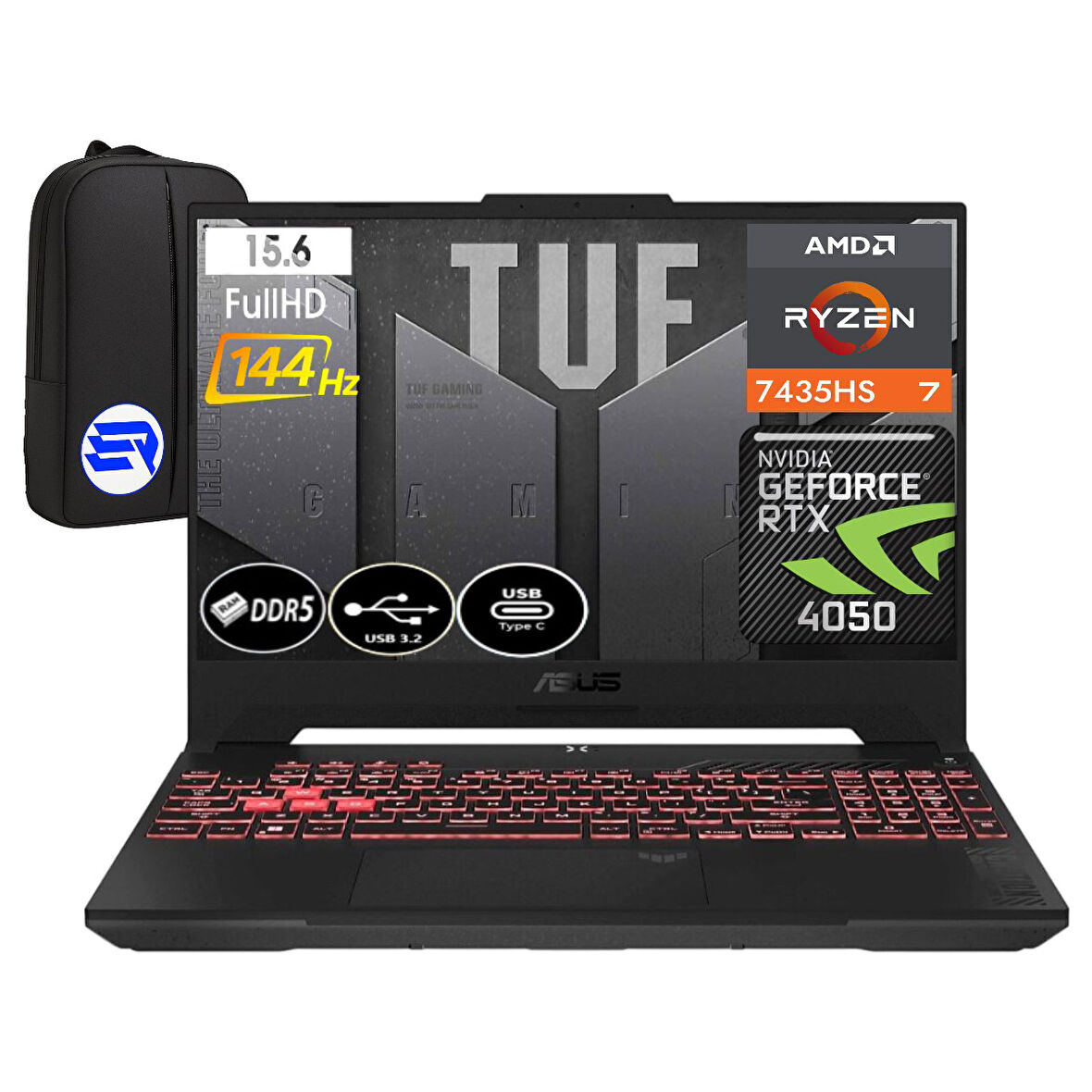 Asus Tuf Gaming A15 FA507NUR-LP036EP10 Ryzen 7 7435HS 32GB Ram 2tb SSD Rtx 4050 140W 144Hz WIN11 Pro 15.6'' + Elektropasaj Çanta