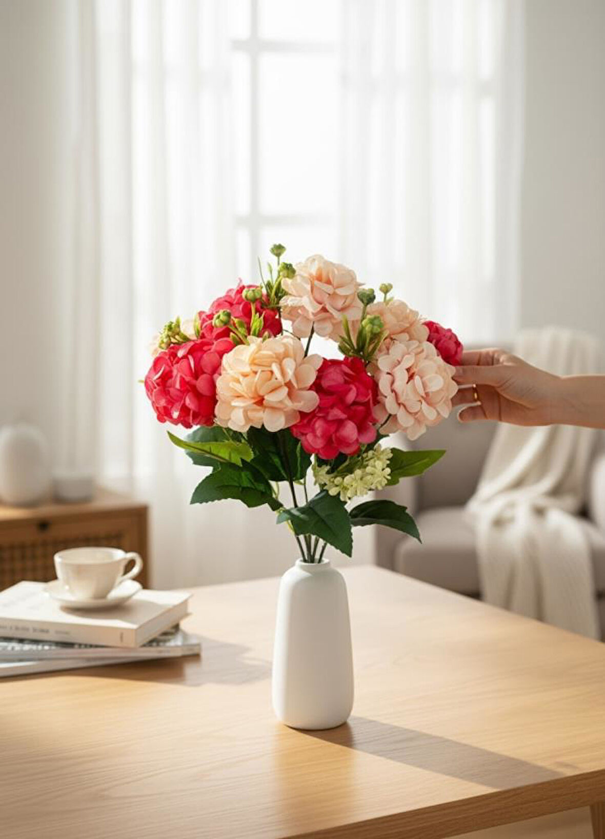 Yapay Çiçek Kartopu Krizantem Fuşya Pembe 5Dallı 10toplu Demet 30cm