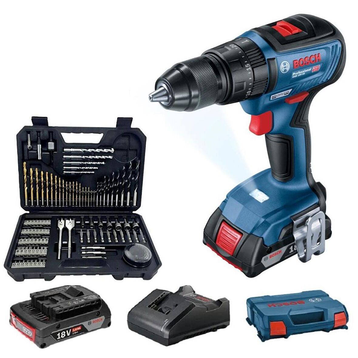 Bosch GSB 18v 50 Akülü Darbeli Matkap 2x2Ah + 103 Parça Set 06019H5100