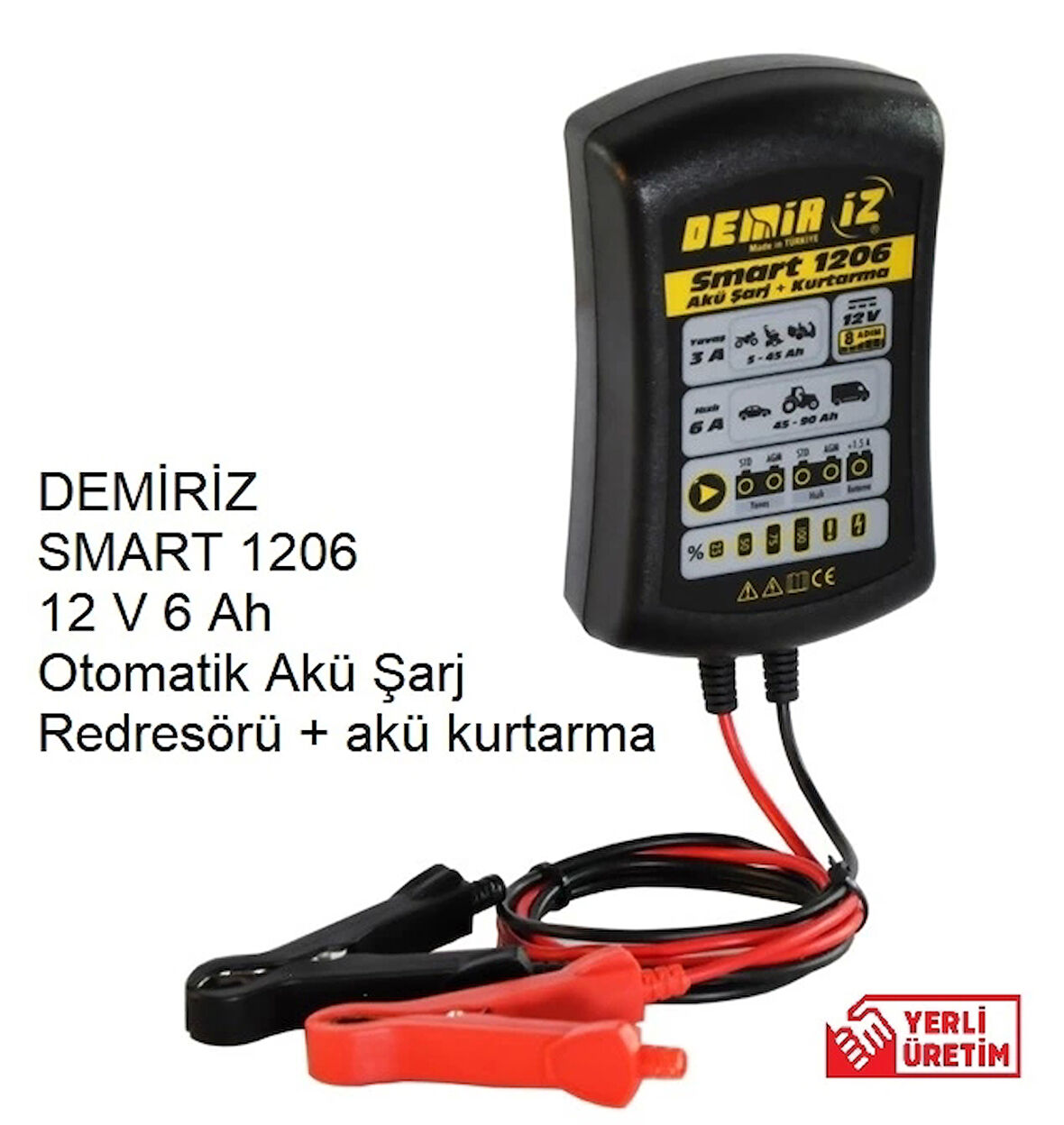 DEMİRİZ SMART 1206 12 V 6 Ah Otomatik Akü Şarj Redresörü + akü kurtarma