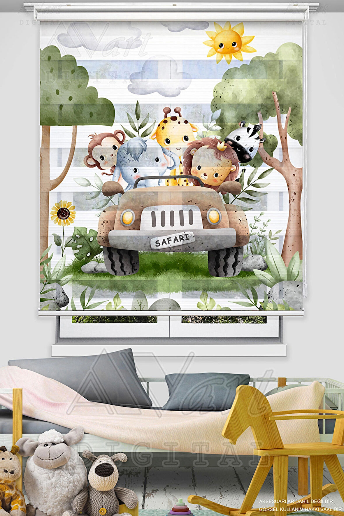 Safari Jeep Sevimli Hayvanlar Baskılı Çocuk Odası Perdesi - Dijital Baskılı Zebra Stor Perde