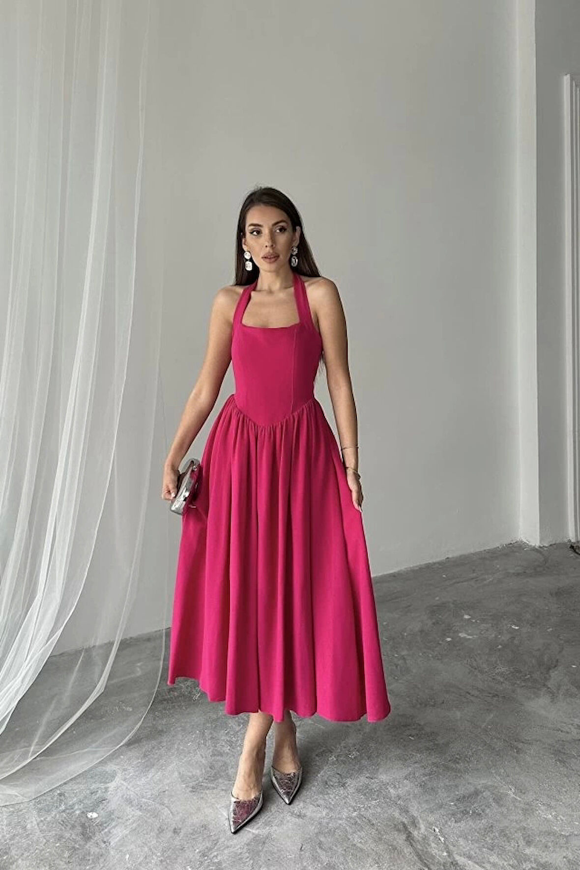 Fuşya Boyundan Bağlamalı Keten Elbise