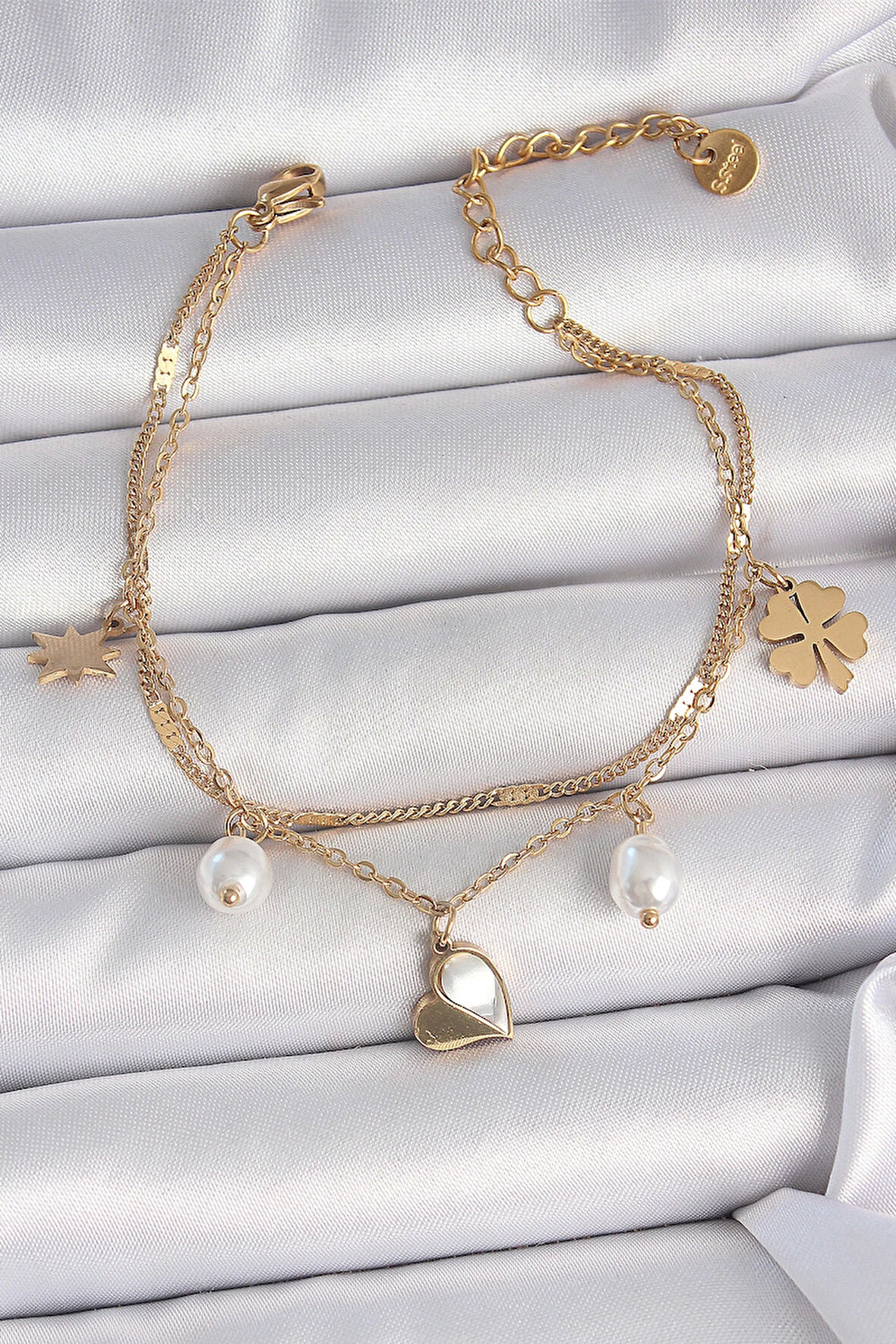 316L Çelik Gold Renk 2'li Zincir Model Sallantı Kalp Figür Yonca Detay Kadın Bileklik