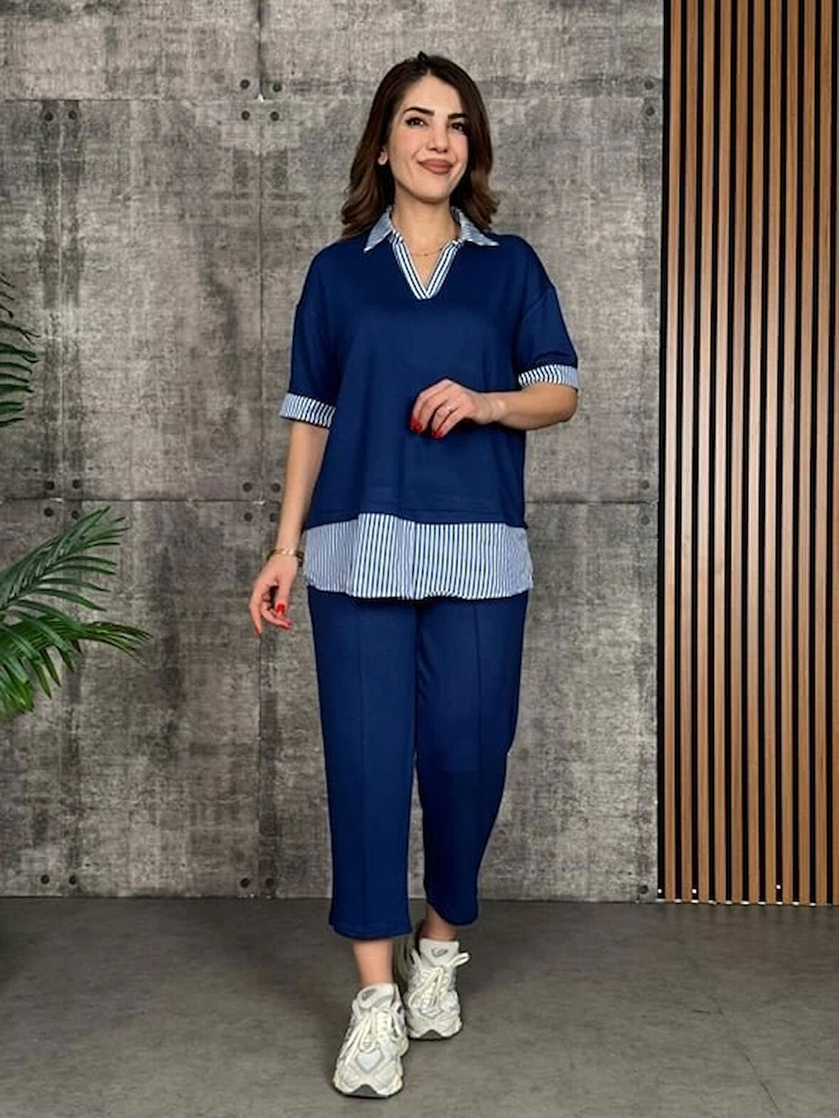 Kadın Modal Kumaş çizgili Gömlek Yaka Ikili Takım